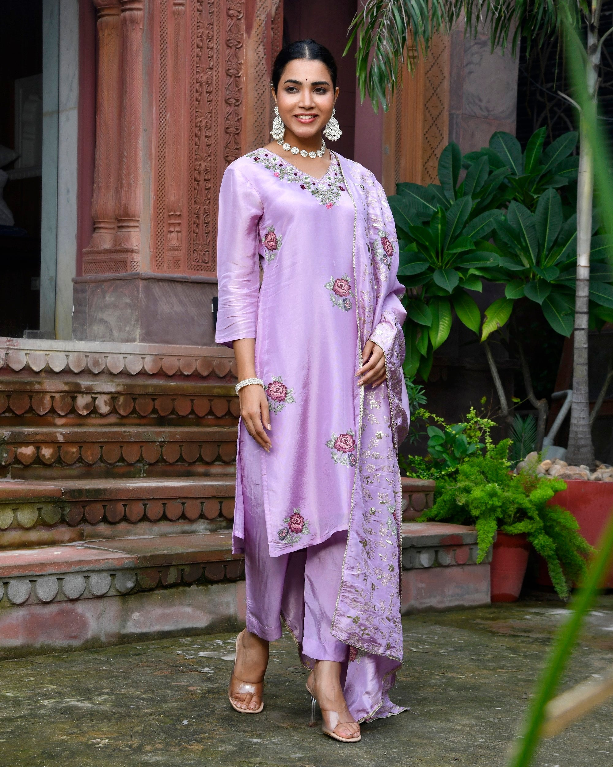 Women Tissue Silk emboidered suit set with solid pant & solid embroidered dupatta