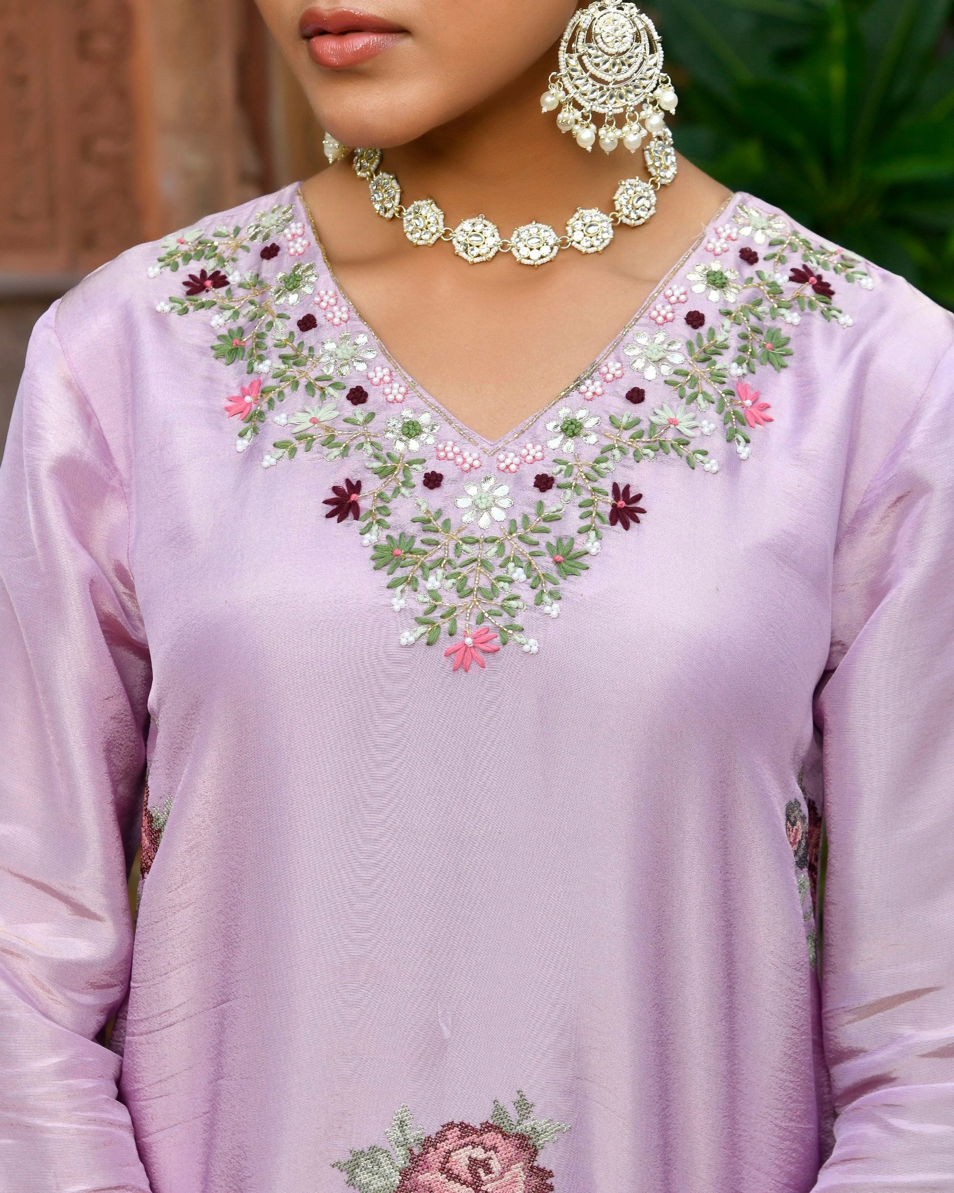 Women Tissue Silk emboidered suit set with solid pant & solid embroidered dupatta