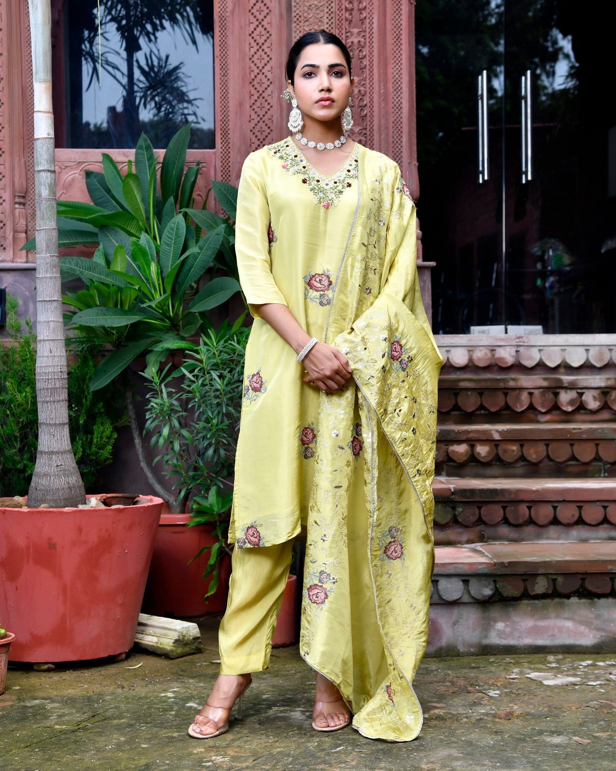 Women Tissue Silk emboidered suit set with solid pant & solid embroidered dupatta