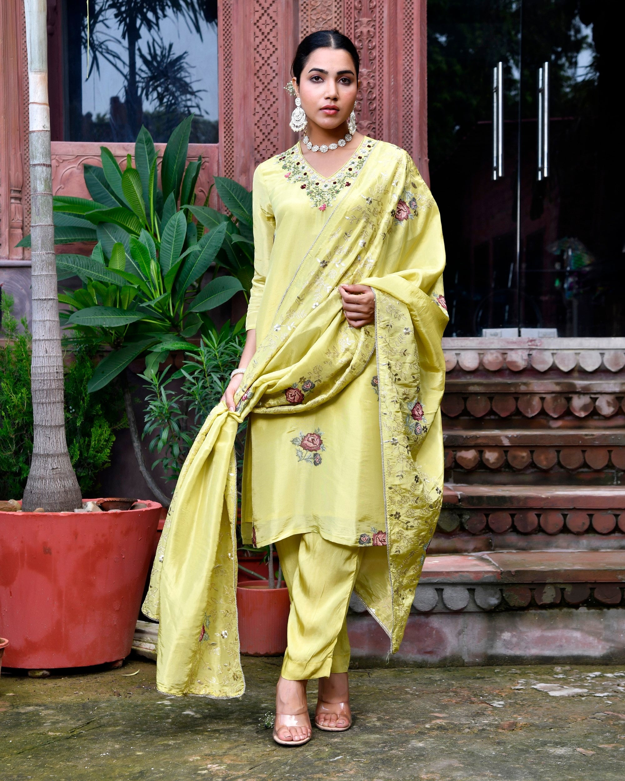 Women Tissue Silk emboidered suit set with solid pant & solid embroidered dupatta