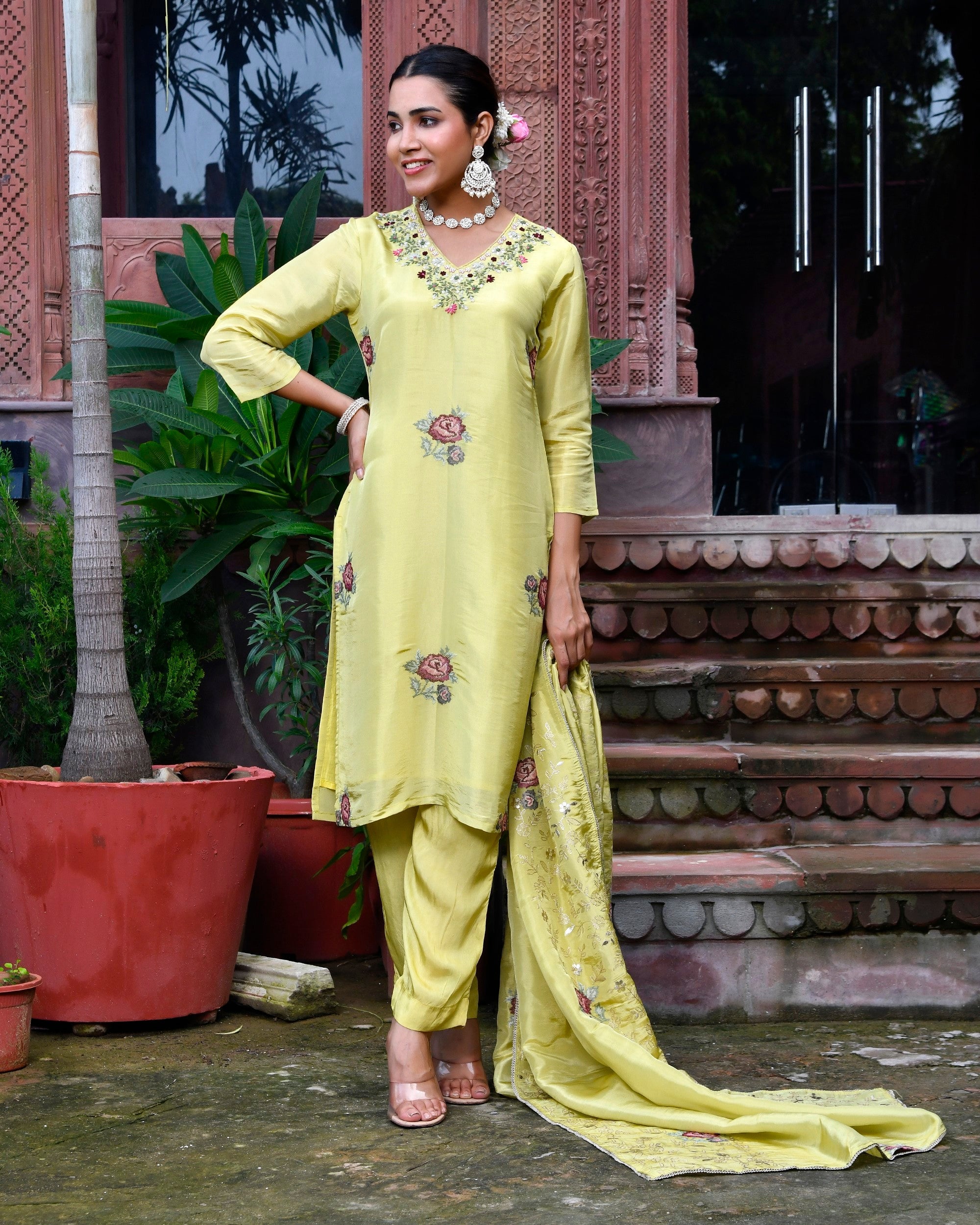 Women Tissue Silk emboidered suit set with solid pant & solid embroidered dupatta