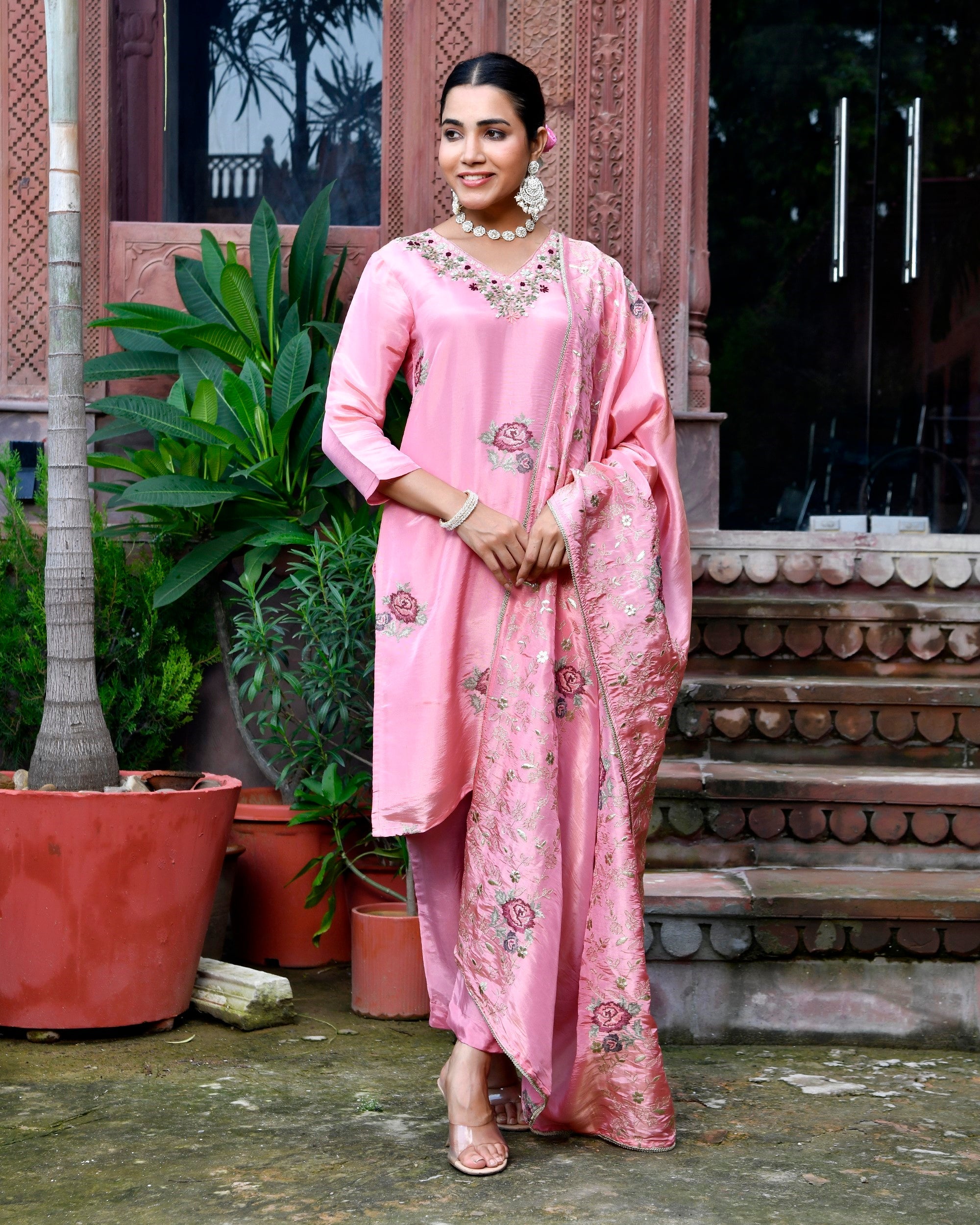 Women Tissue Silk emboidered suit set with solid pant & solid embroidered dupatta