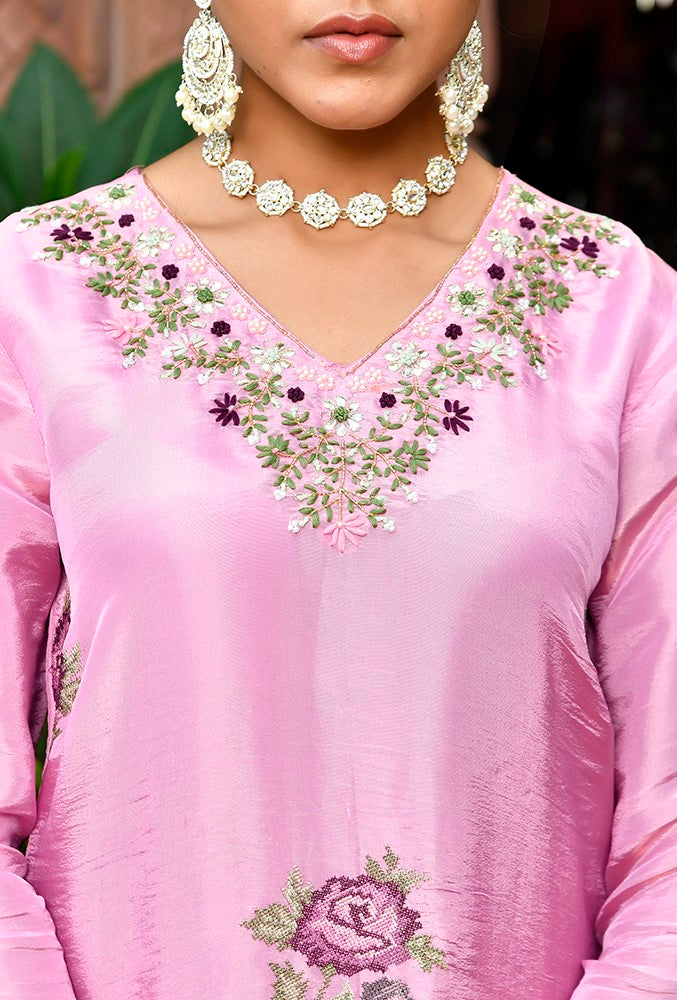 Women Tissue Silk emboidered suit set with solid pant & solid embroidered dupatta