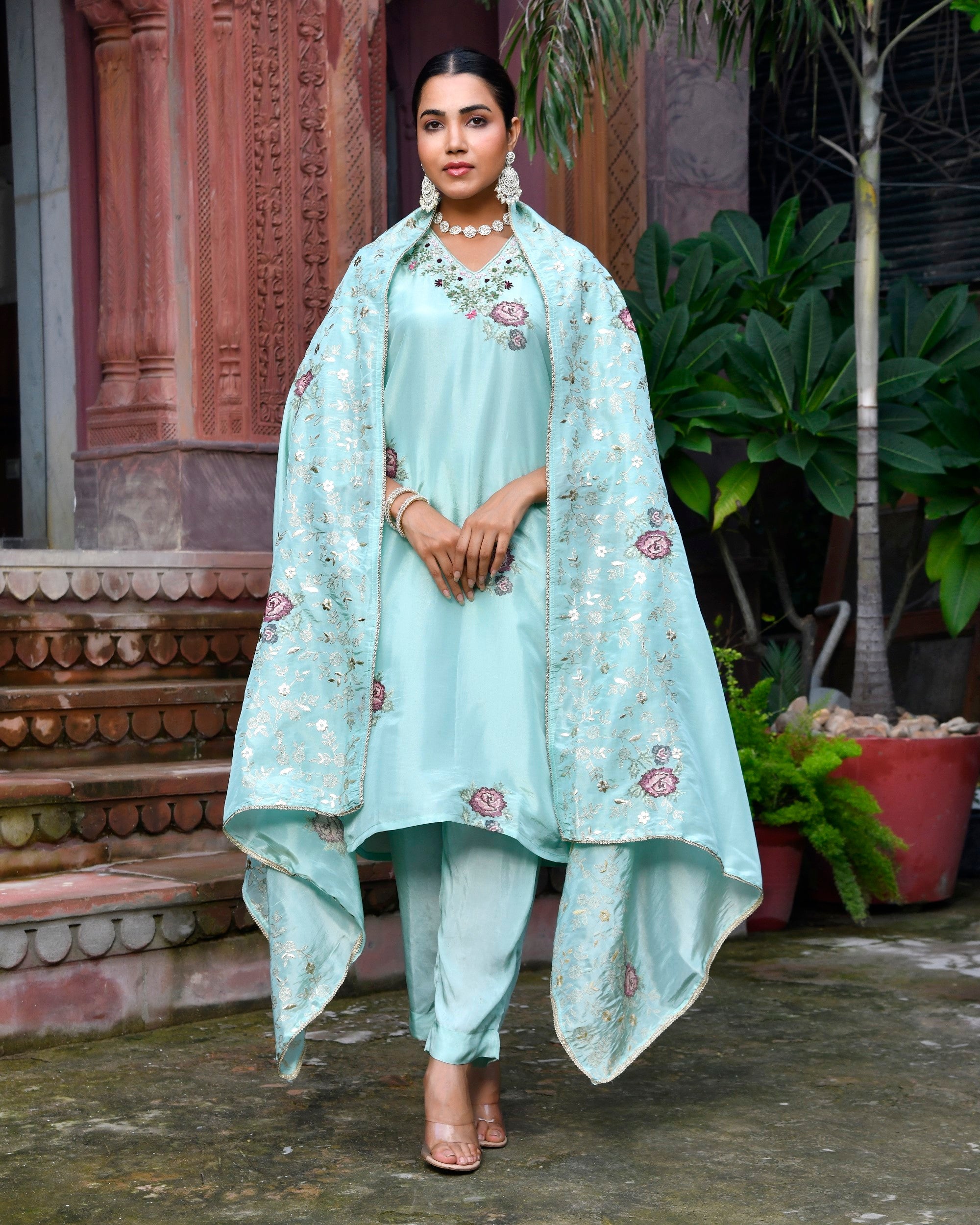 Women Tissue Silk emboidered suit set with solid pant & solid embroidered dupatta