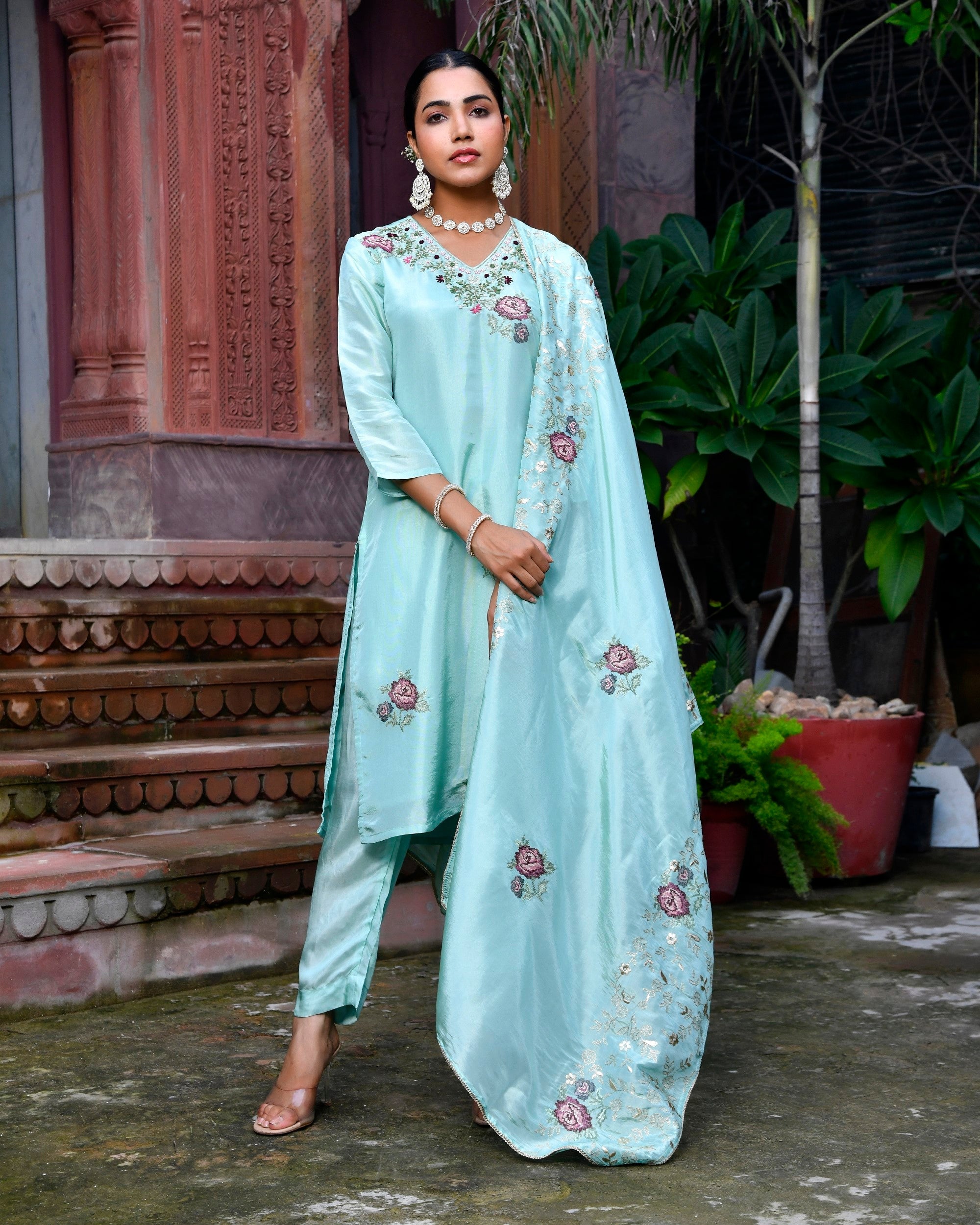 Women Tissue Silk emboidered suit set with solid pant & solid embroidered dupatta