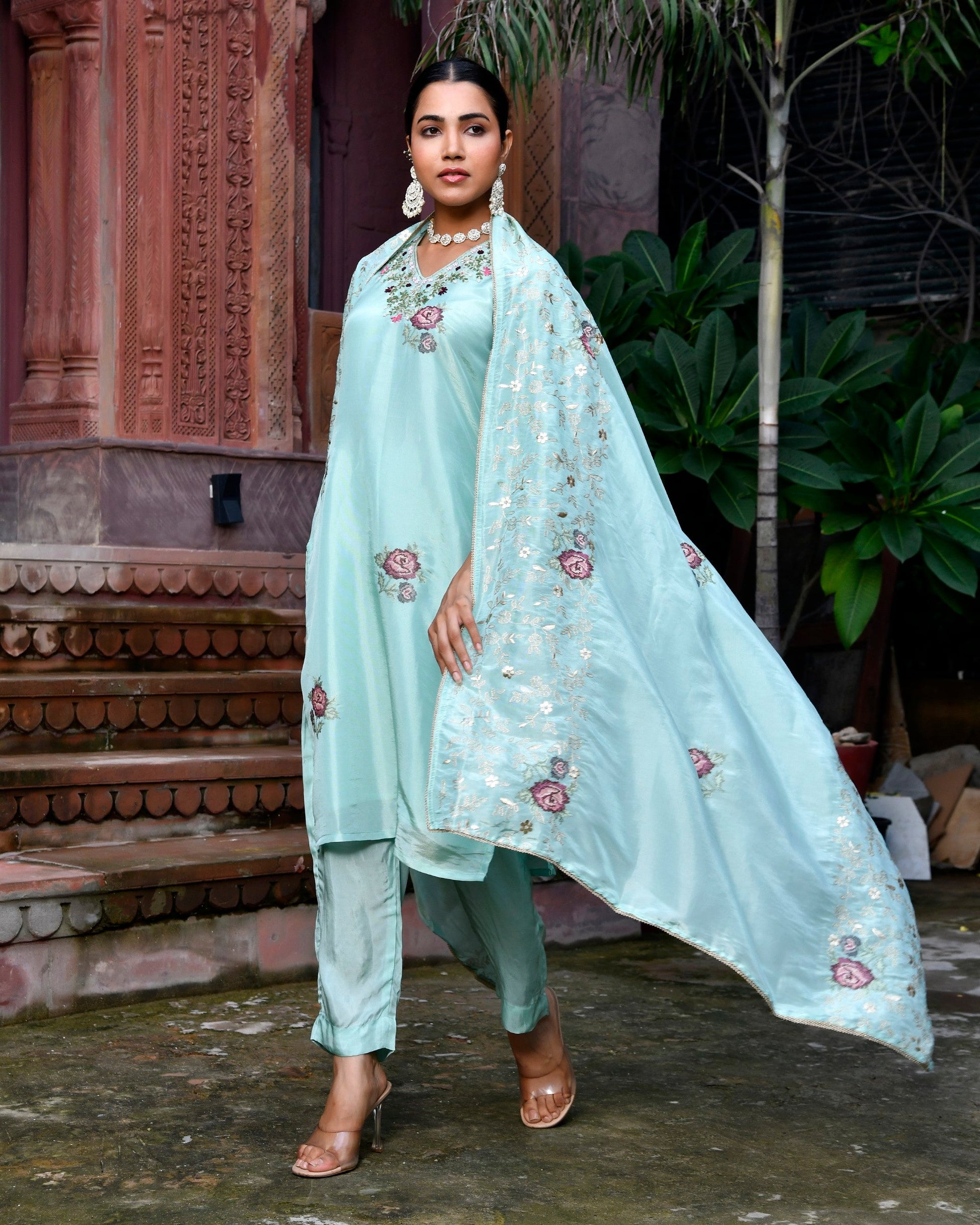 Women Tissue Silk emboidered suit set with solid pant & solid embroidered dupatta