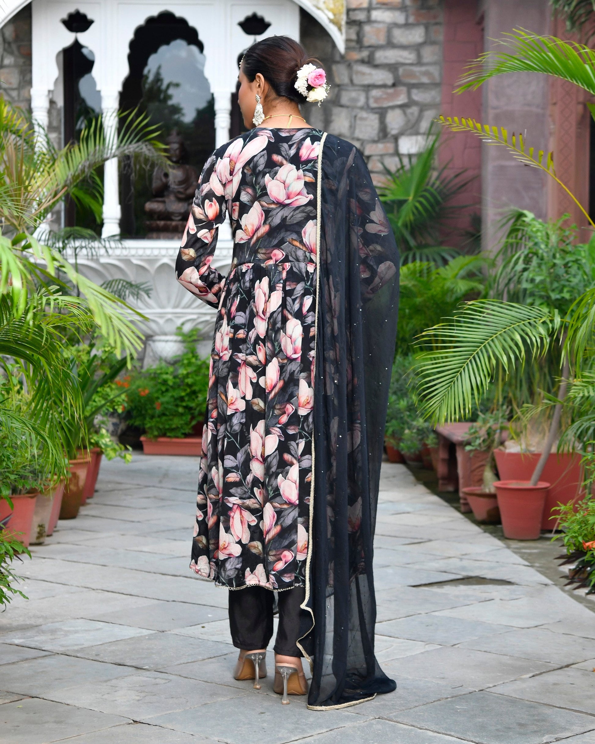 Women chinon emboidered angrakha anarkali set with solid pant & solid embroidered dupatta