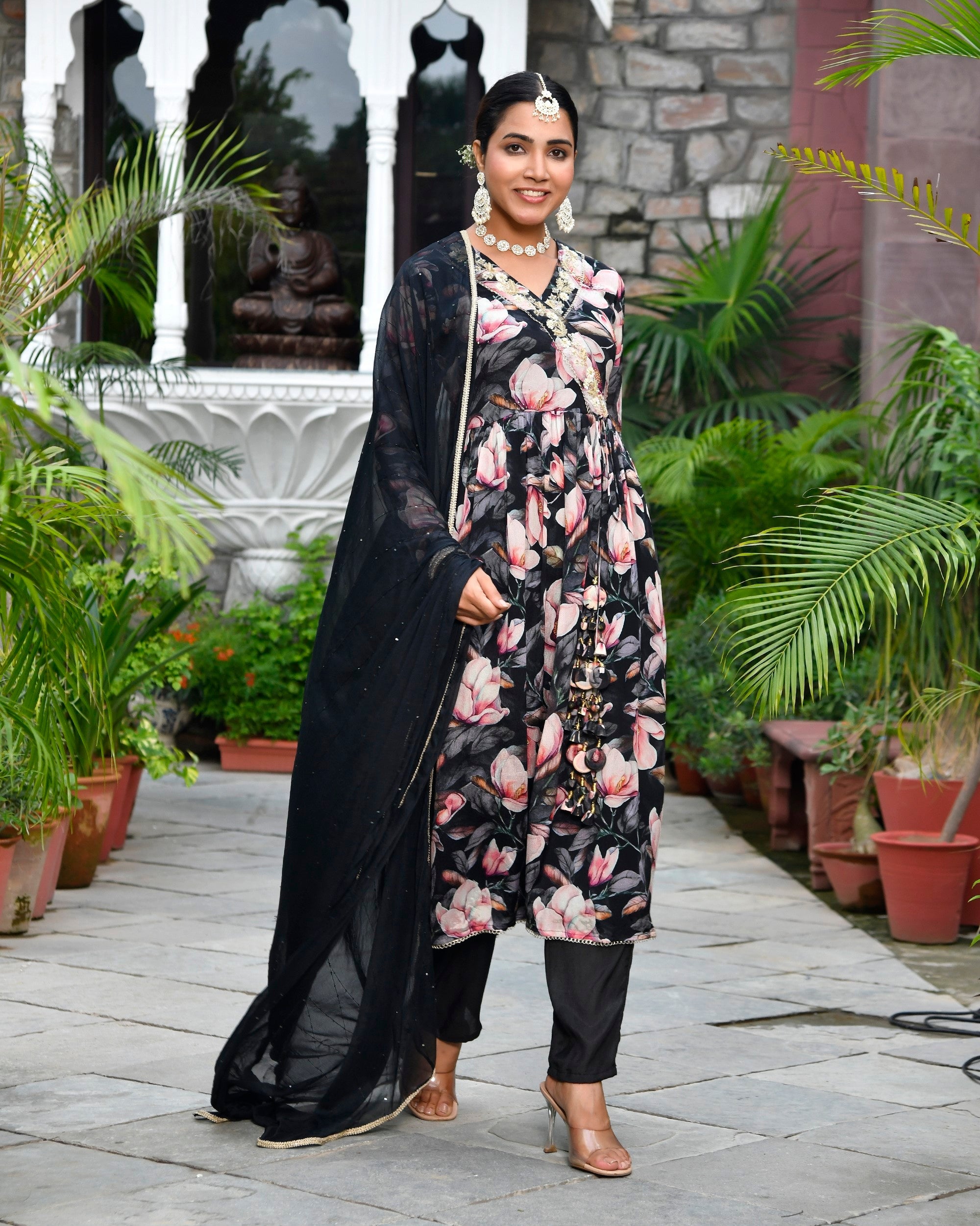 Women chinon emboidered angrakha anarkali set with solid pant & solid embroidered dupatta