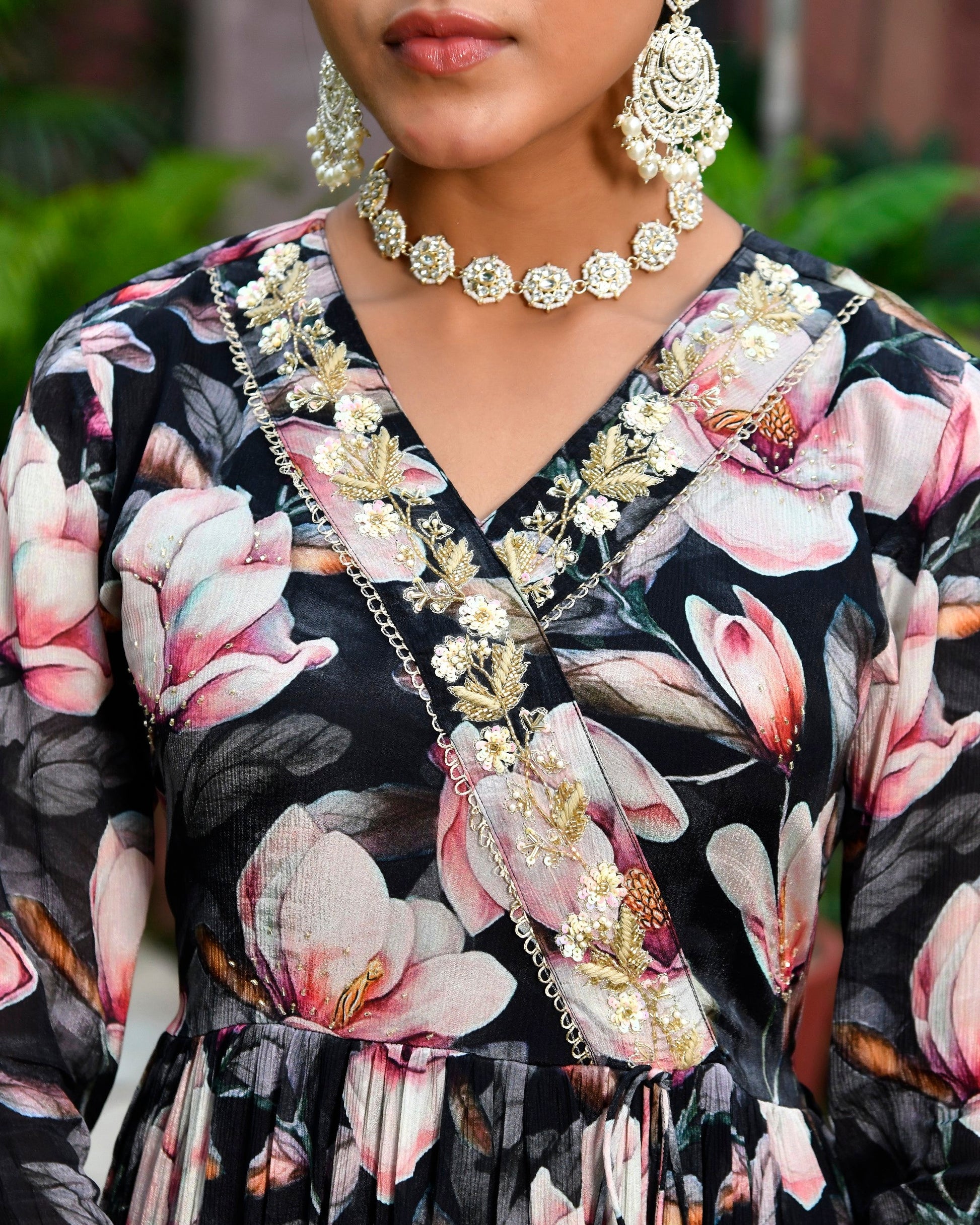 Women chinon emboidered angrakha anarkali set with solid pant & solid embroidered dupatta