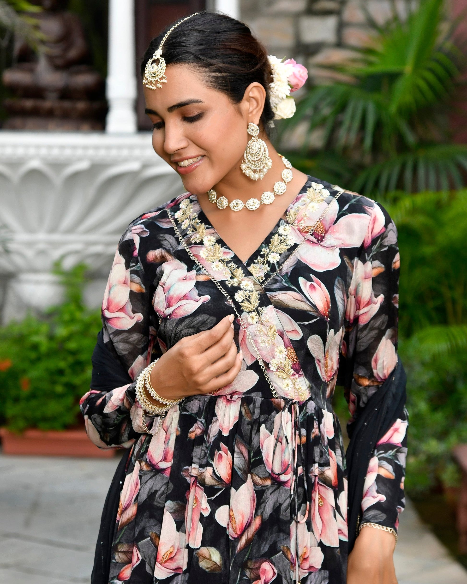 Women chinon emboidered angrakha anarkali set with solid pant & solid embroidered dupatta