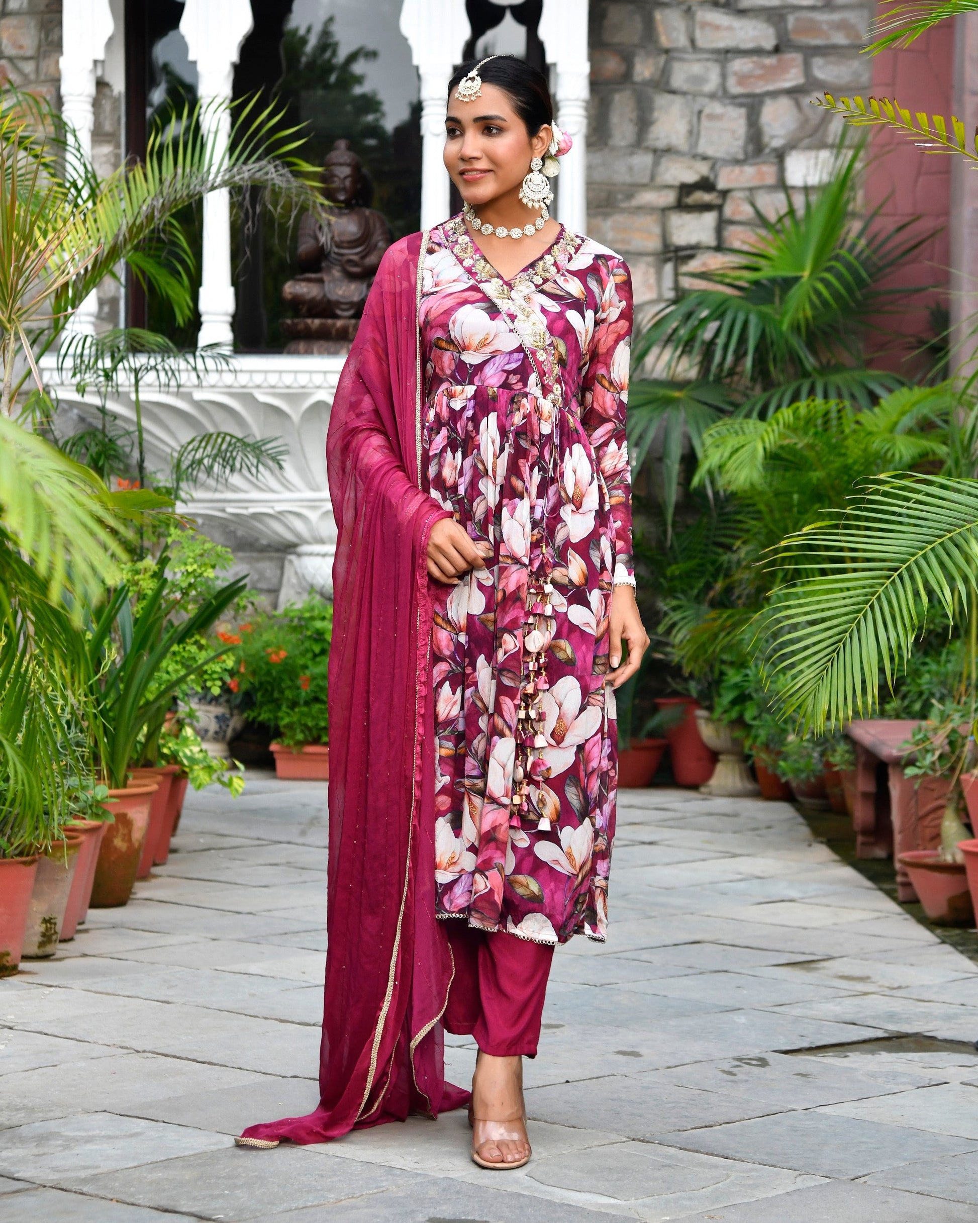 Women chinon emboidered angrakha anarkali set with solid pant & solid embroidered dupatta