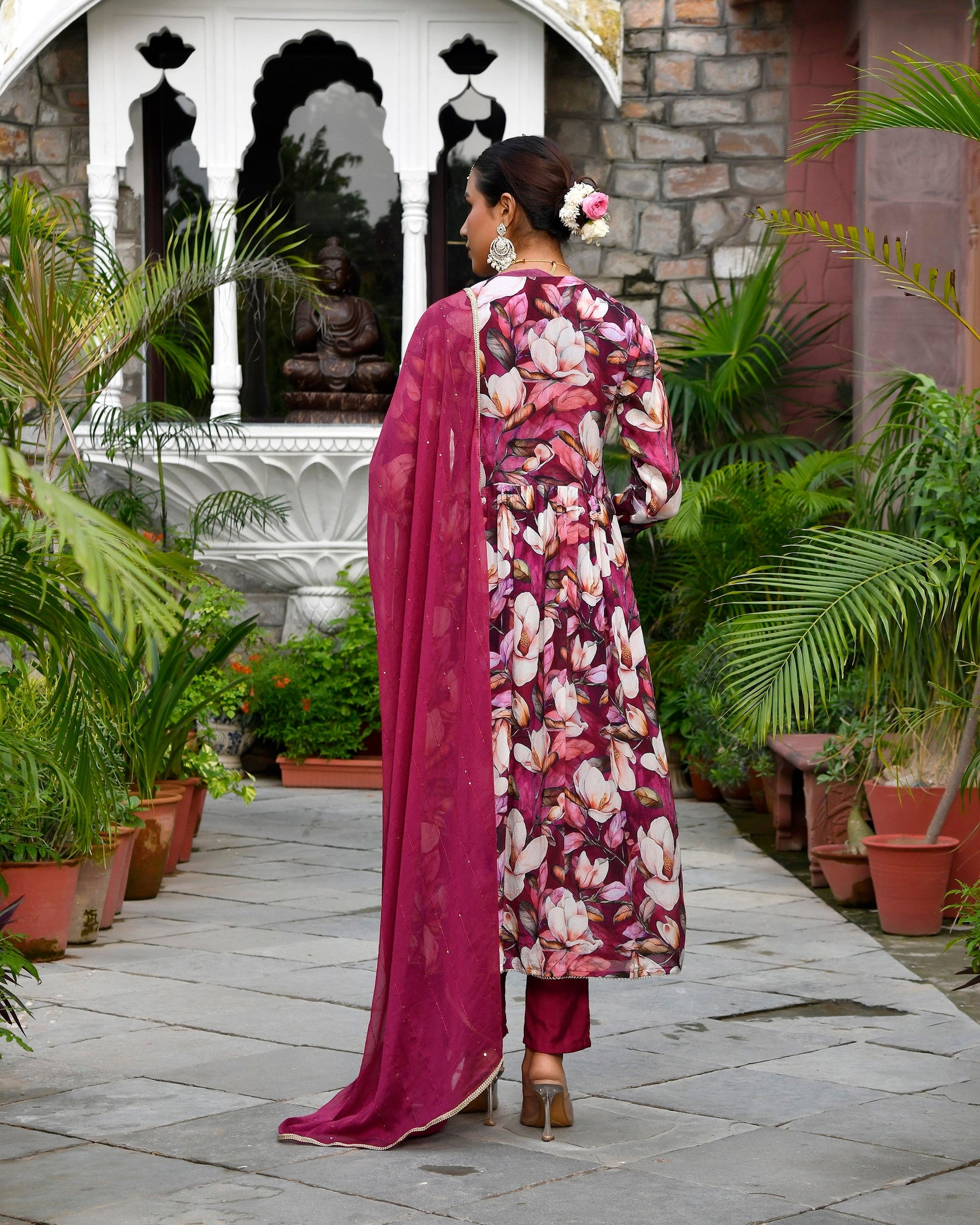 Women chinon emboidered angrakha anarkali set with solid pant & solid embroidered dupatta