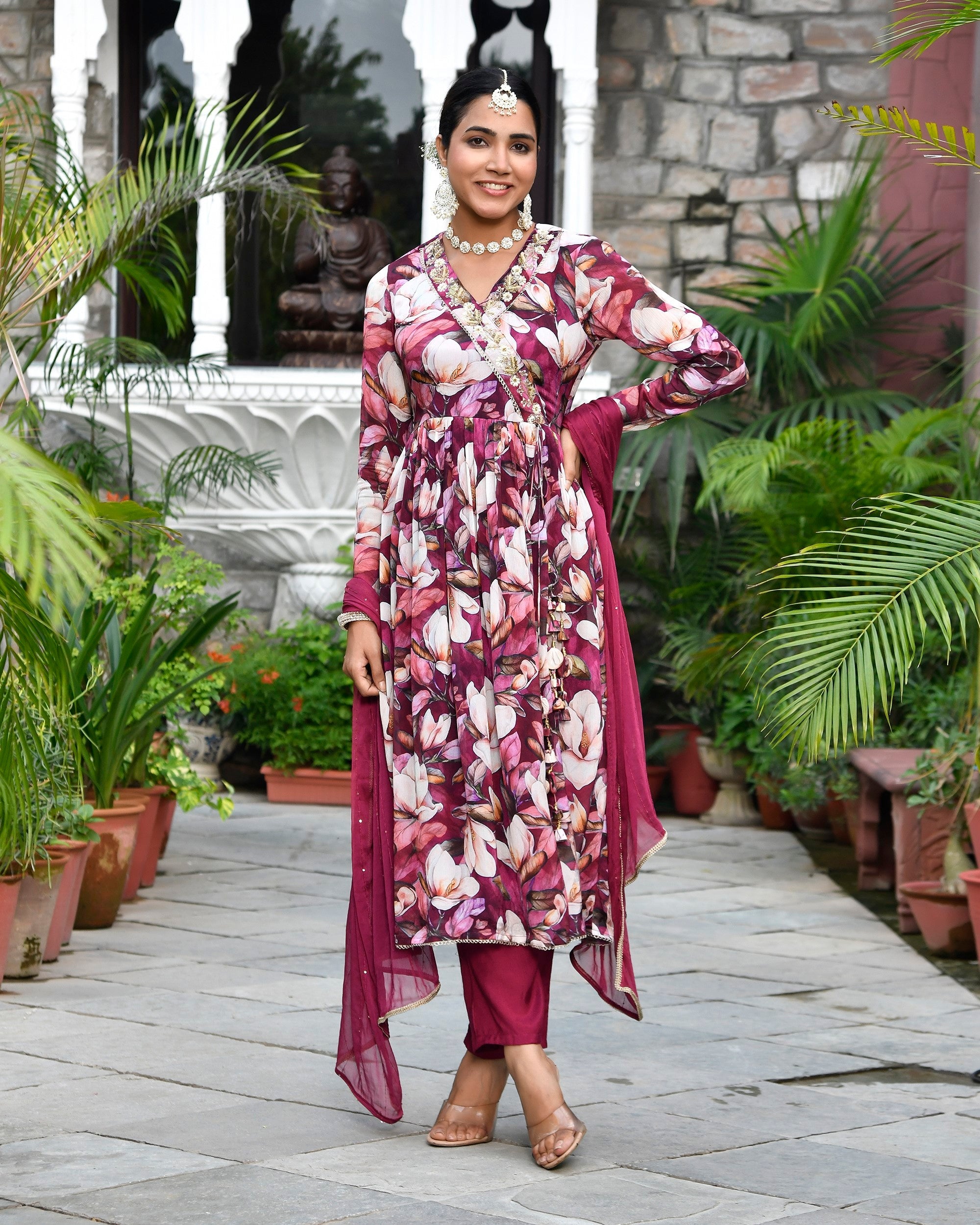 Women chinon emboidered angrakha anarkali set with solid pant & solid embroidered dupatta