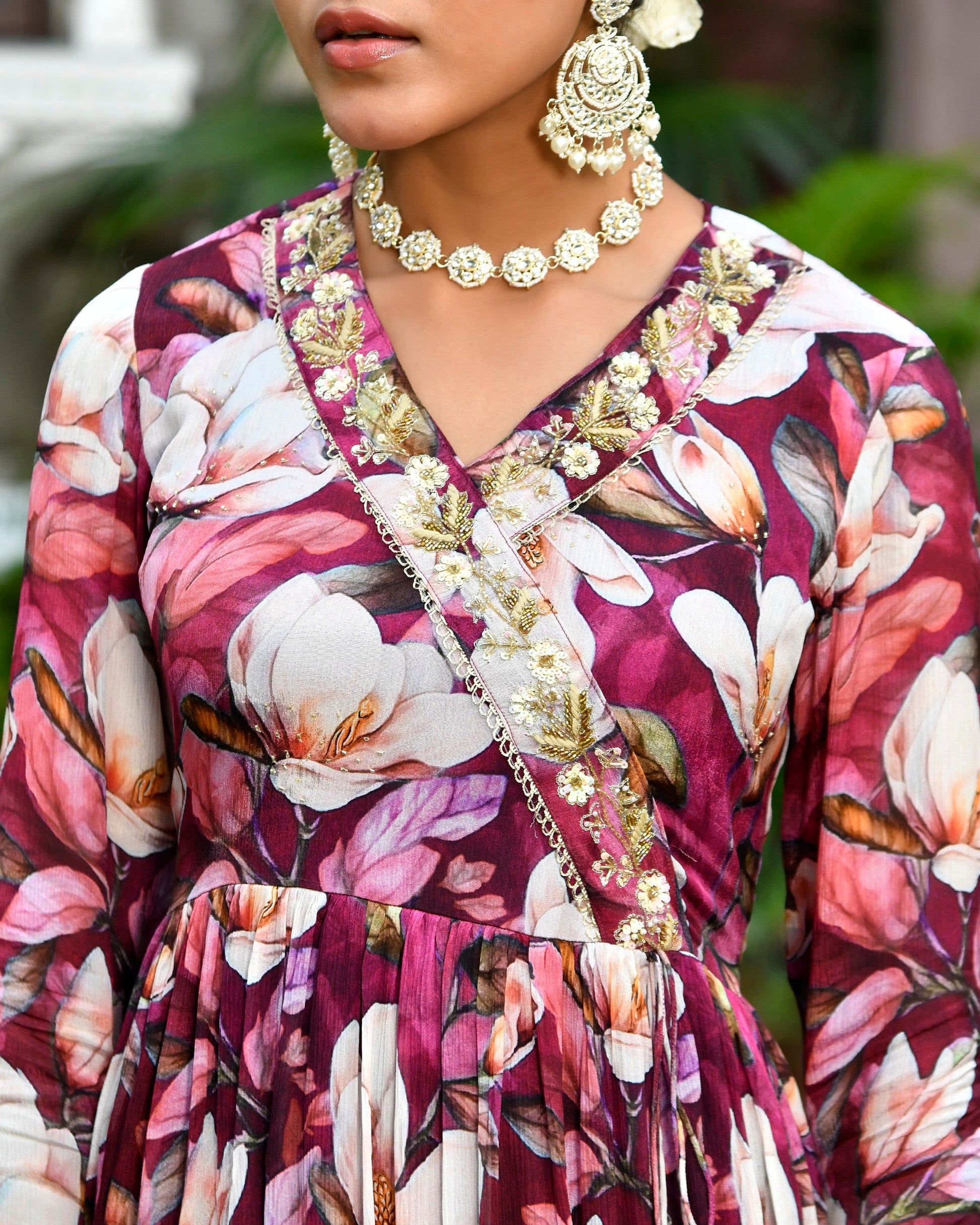 Women chinon emboidered angrakha anarkali set with solid pant & solid embroidered dupatta