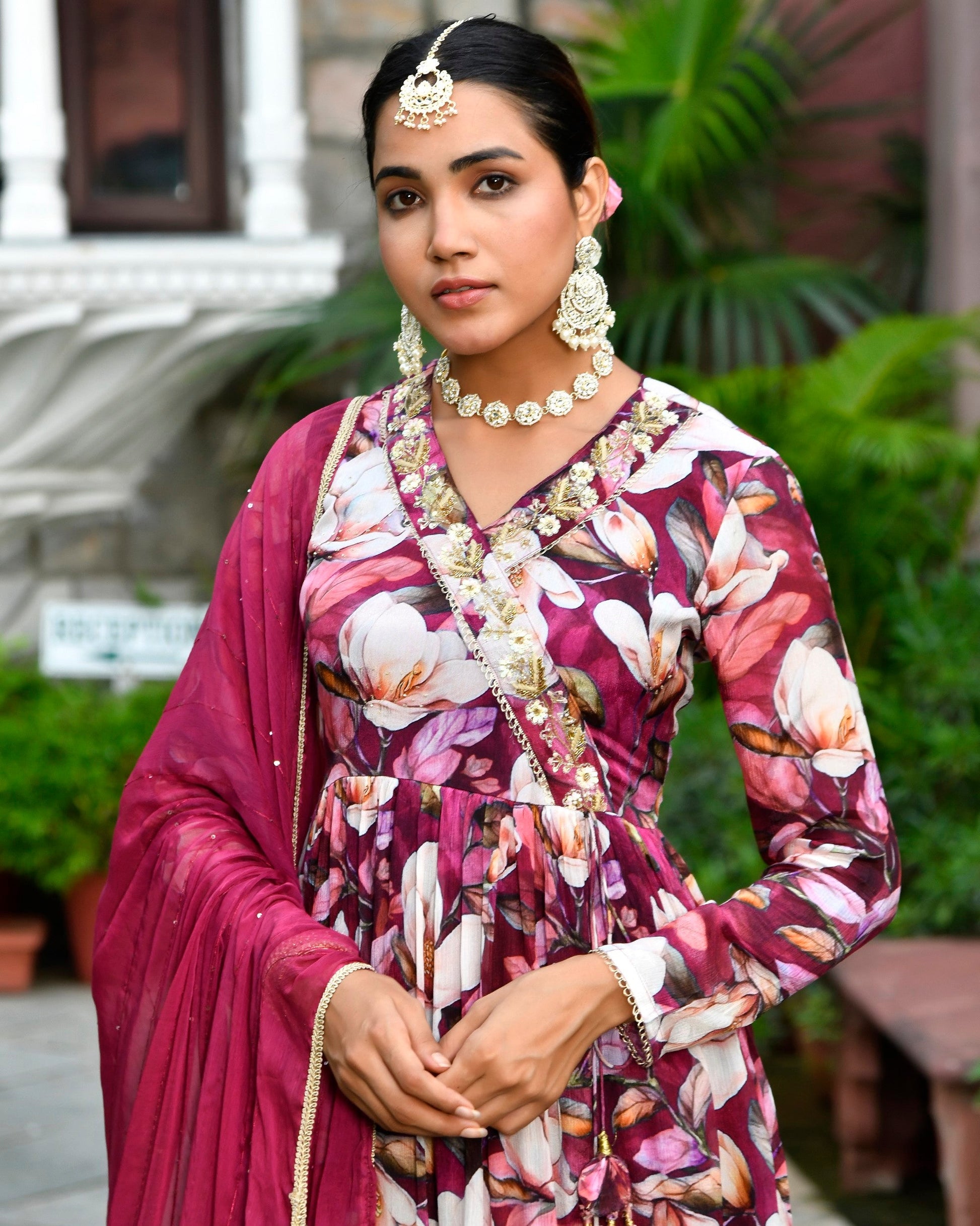 Women chinon emboidered angrakha anarkali set with solid pant & solid embroidered dupatta