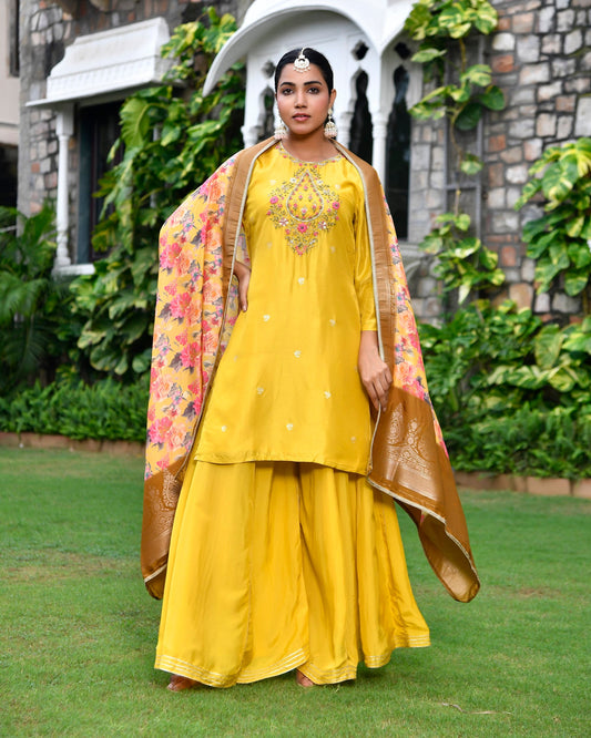 Women silk emboidered solid sharara set & digital printed dupatta