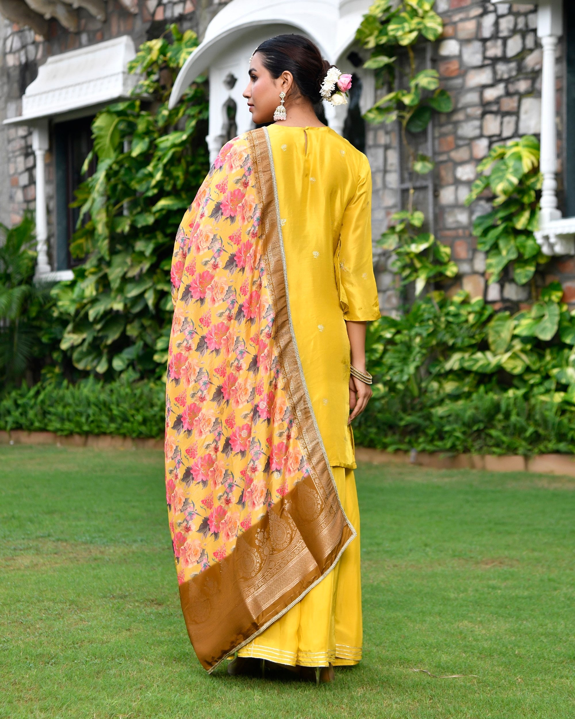 Women silk emboidered solid sharara set & digital printed dupatta