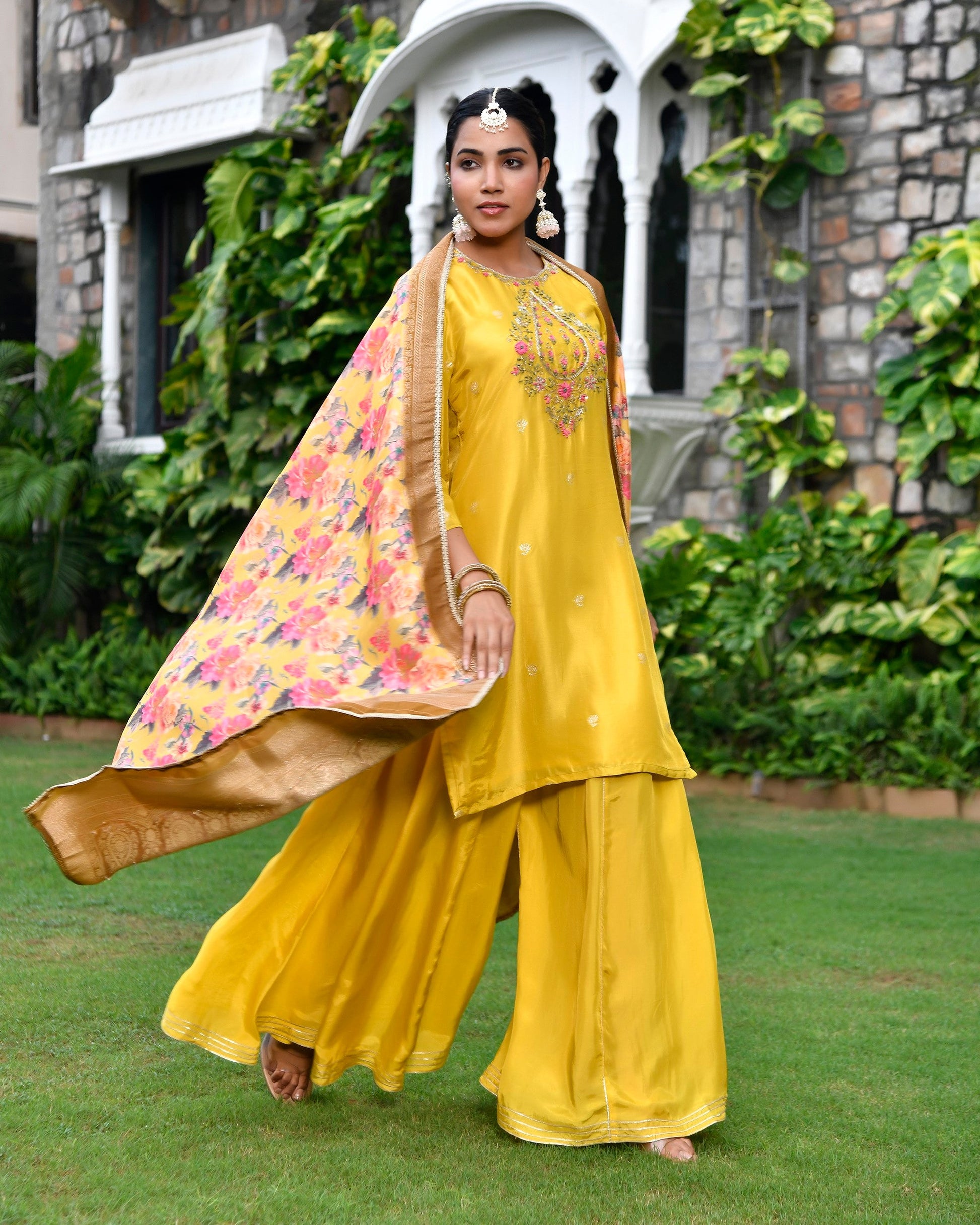 Women silk emboidered solid sharara set & digital printed dupatta