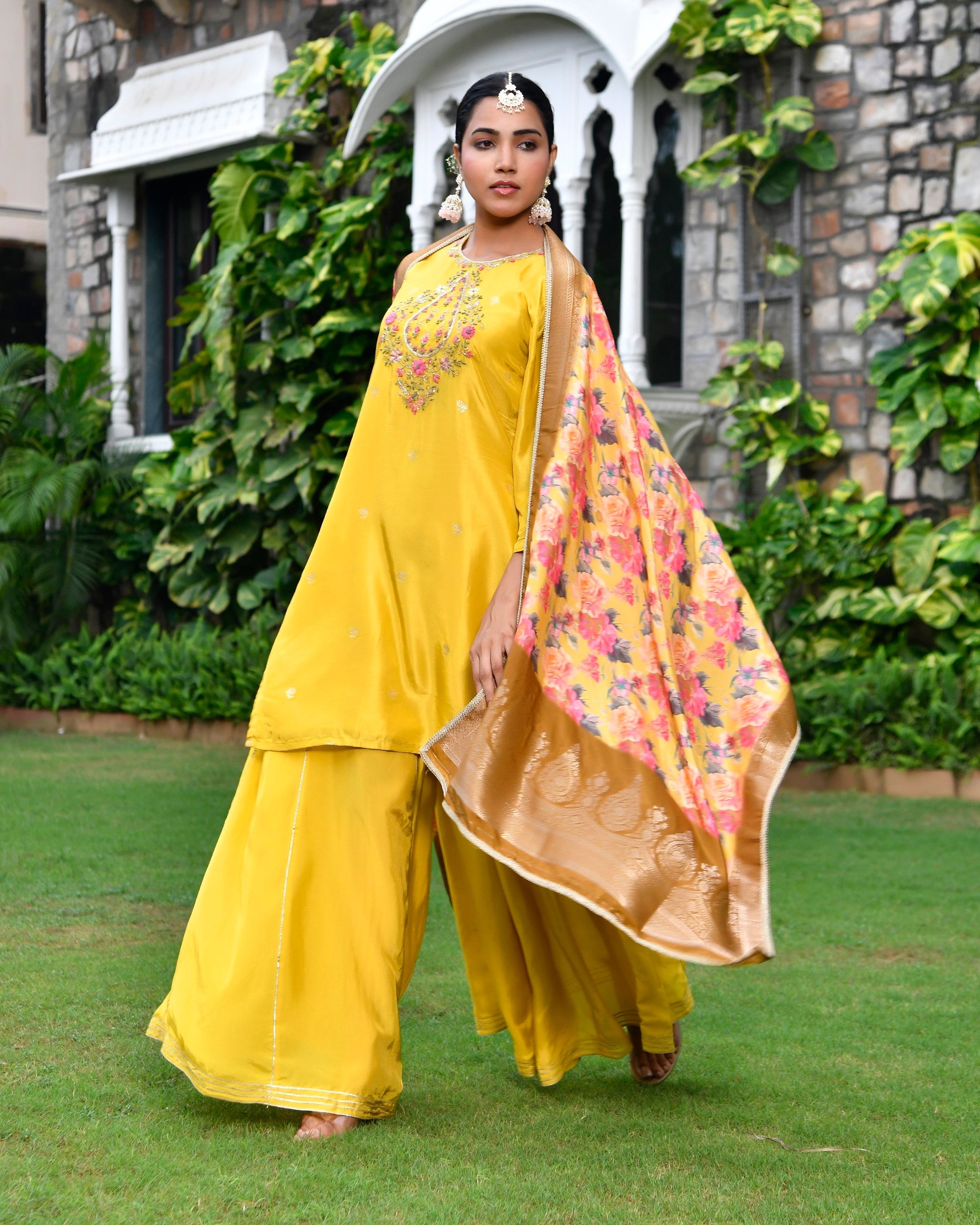 Women silk emboidered solid sharara set & digital printed dupatta