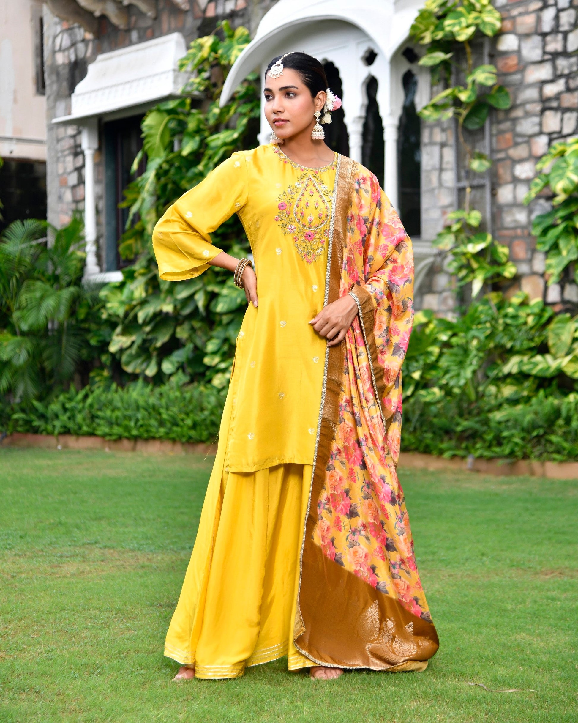 Women silk emboidered solid sharara set & digital printed dupatta