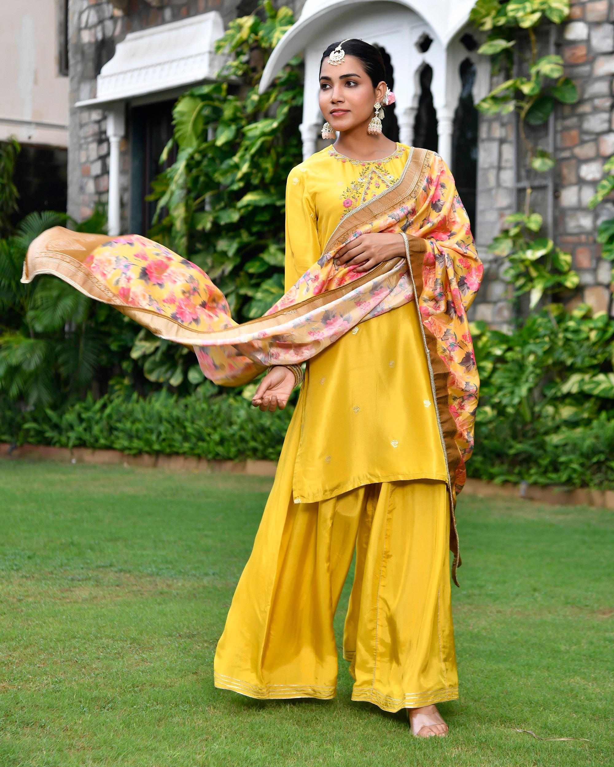 Women silk emboidered solid sharara set & digital printed dupatta