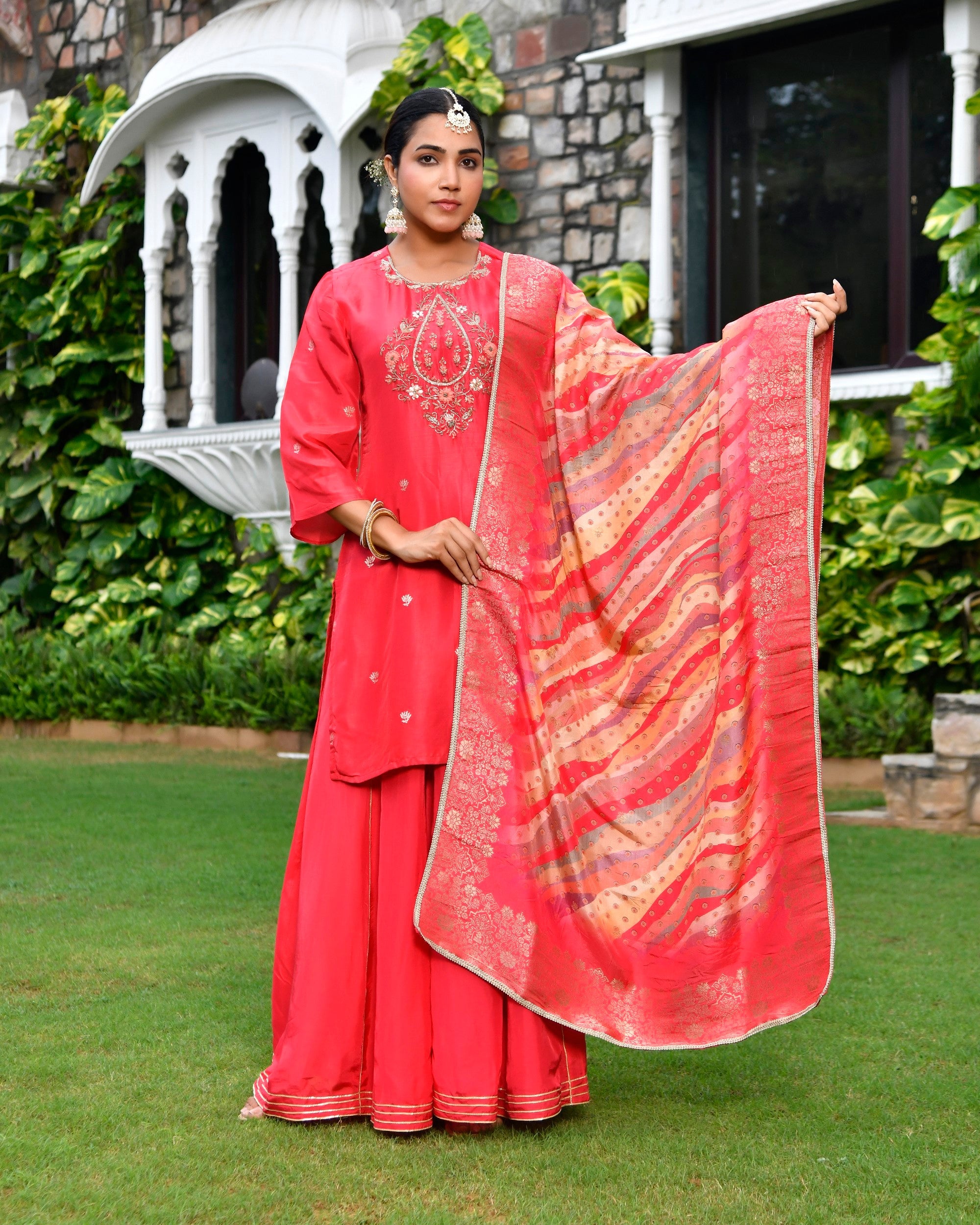 Women silk emboidered solid sharara set & digital printed dupatta