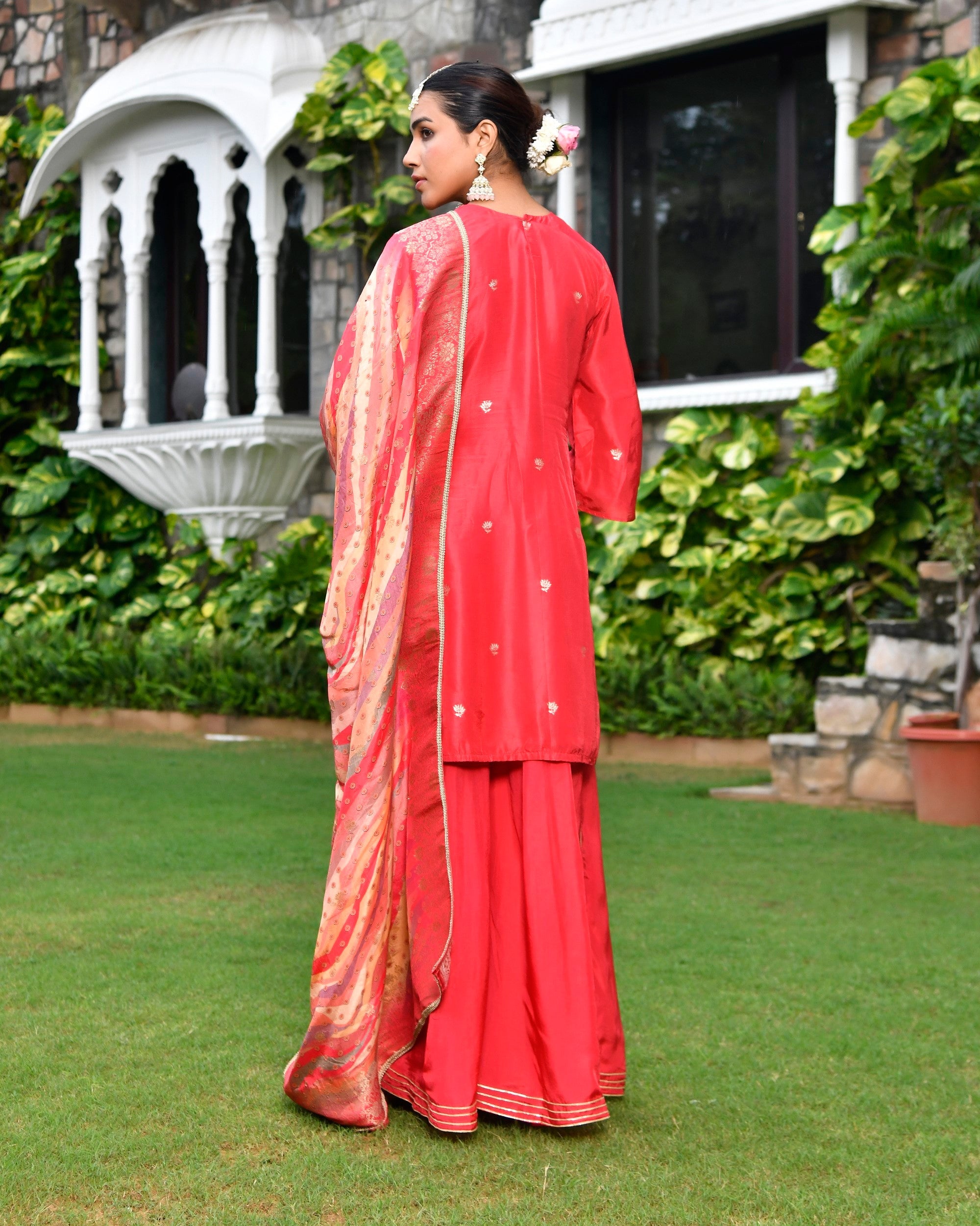 Women silk emboidered solid sharara set & digital printed dupatta