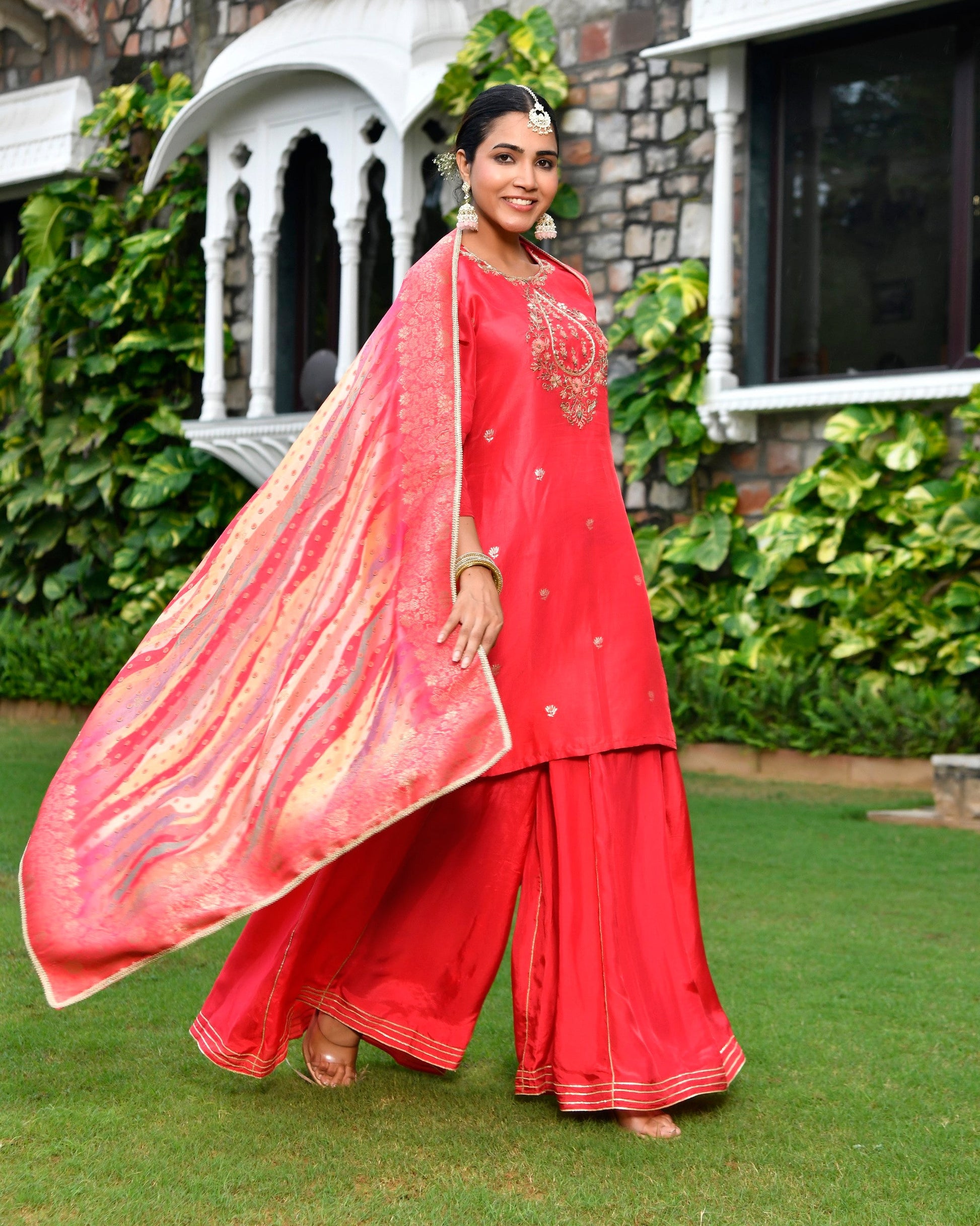 Women silk emboidered solid sharara set & digital printed dupatta