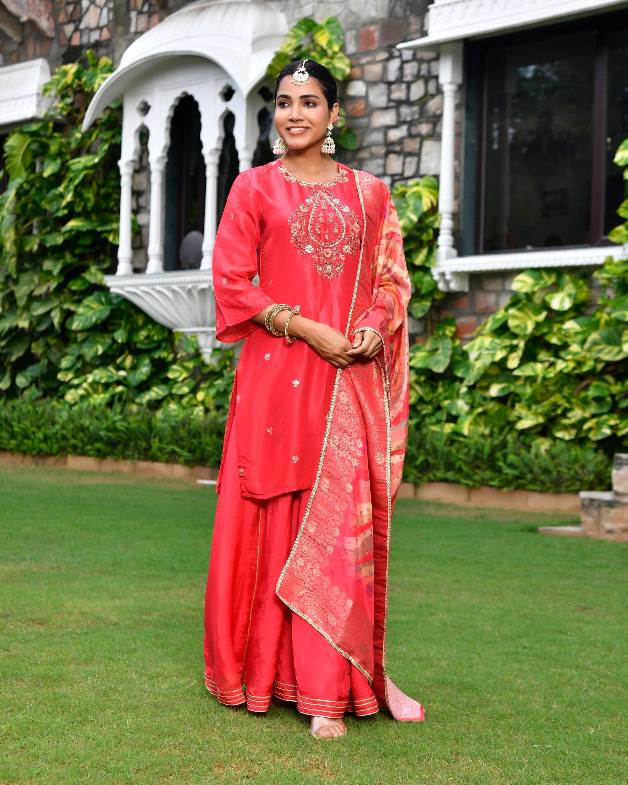 Women silk emboidered solid sharara set & digital printed dupatta