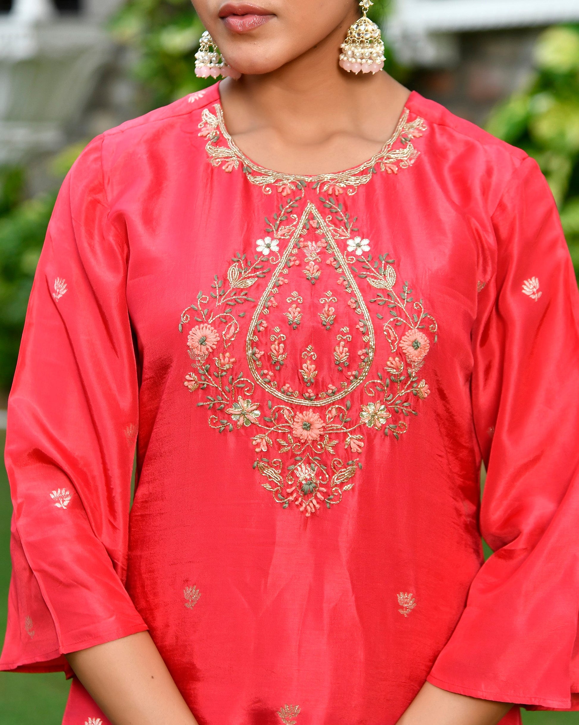 Women silk emboidered solid sharara set & digital printed dupatta