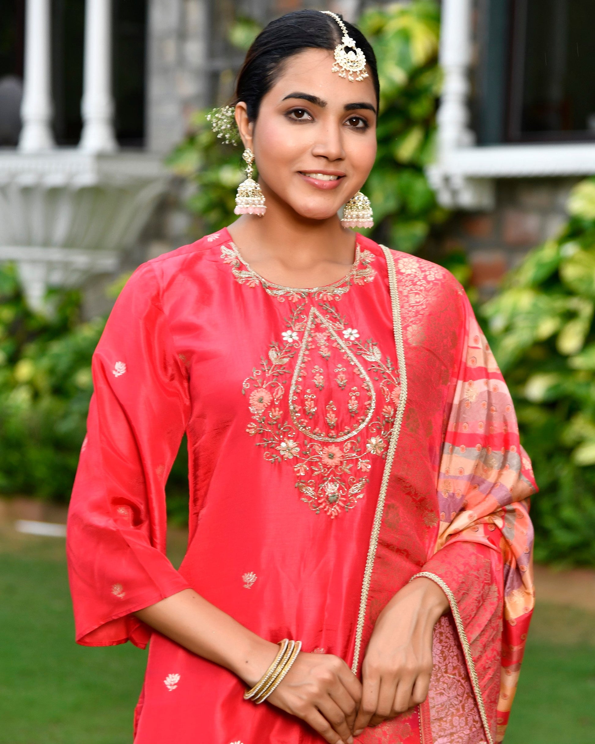 Women silk emboidered solid sharara set & digital printed dupatta