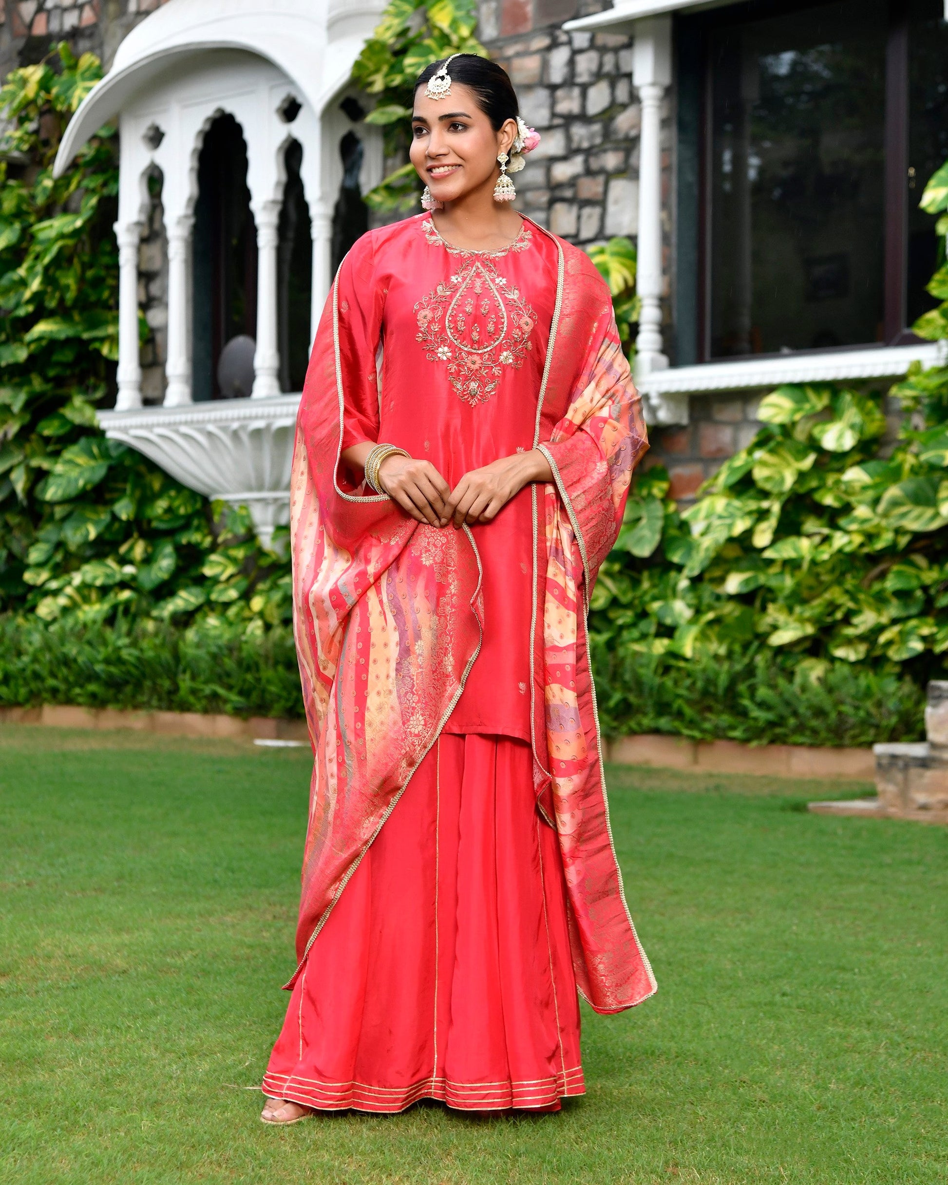 Women silk emboidered solid sharara set & digital printed dupatta