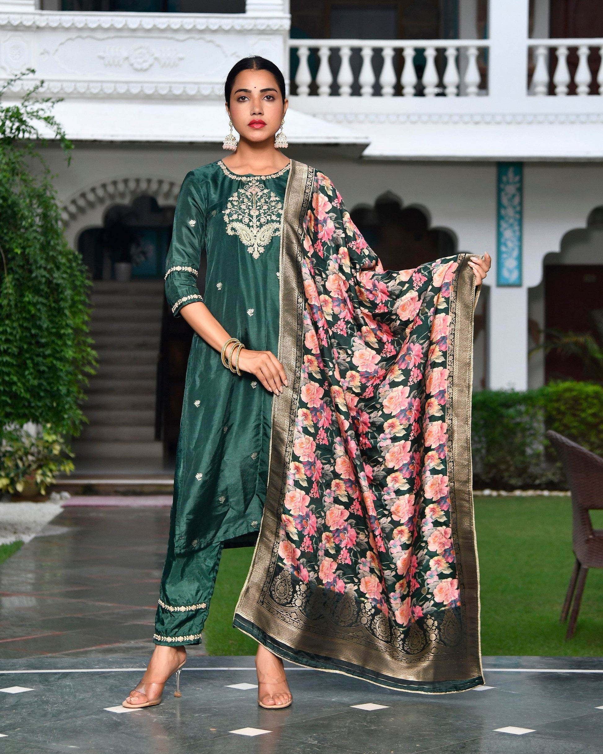 Women silk emboidered solid pant set & digital printed dupatta