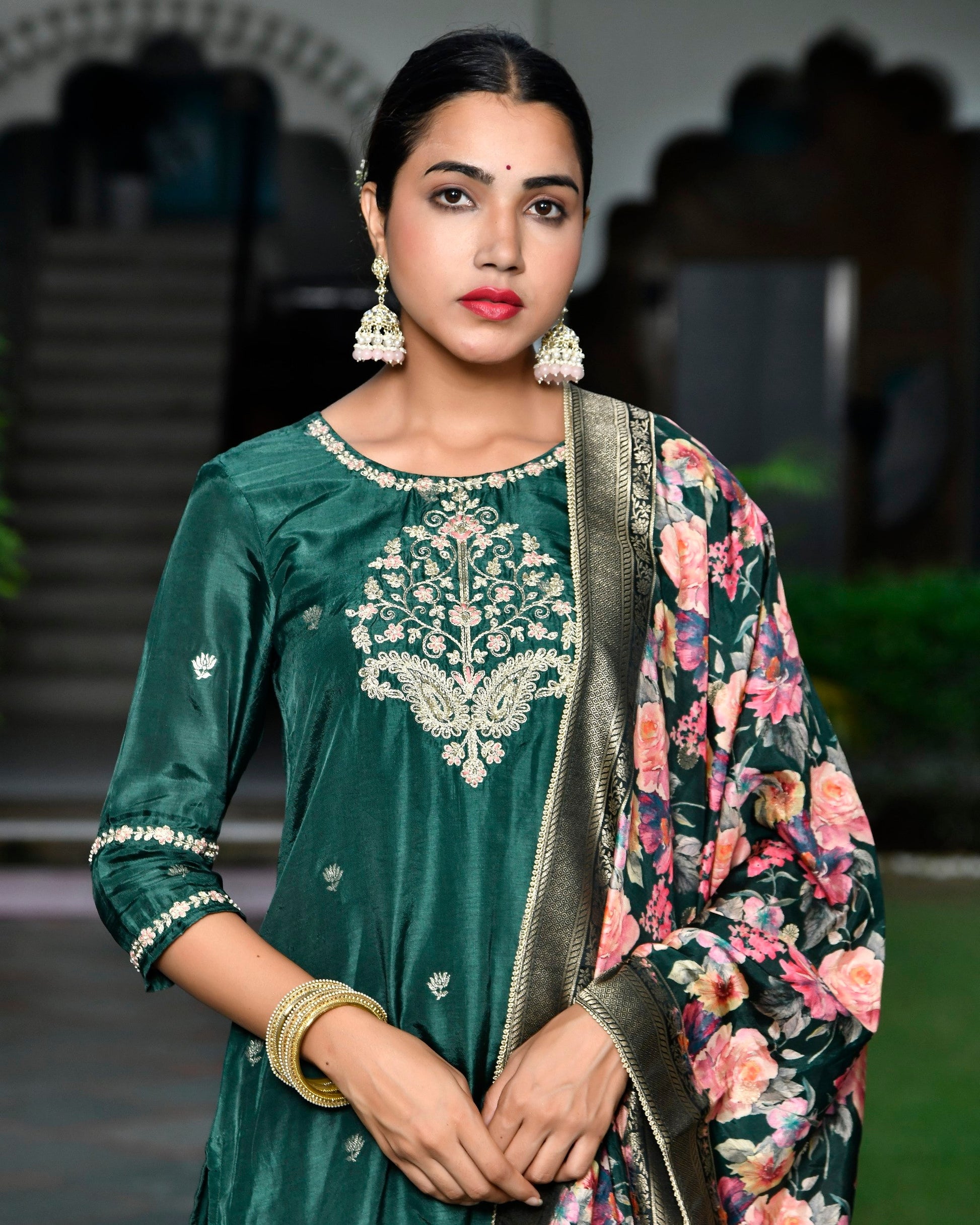 Women silk emboidered solid pant set & digital printed dupatta