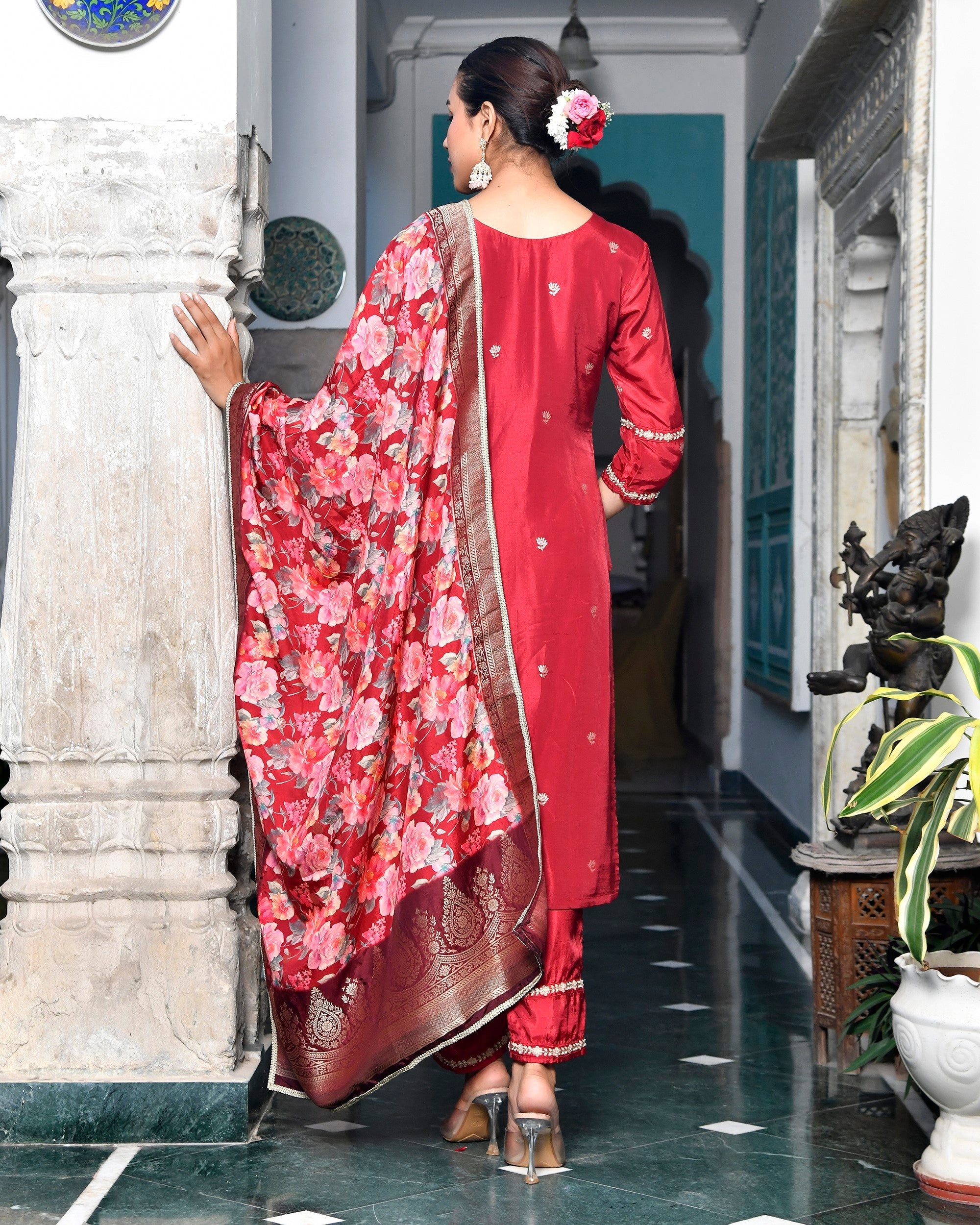 Women silk emboidered solid pant set & digital printed dupatta