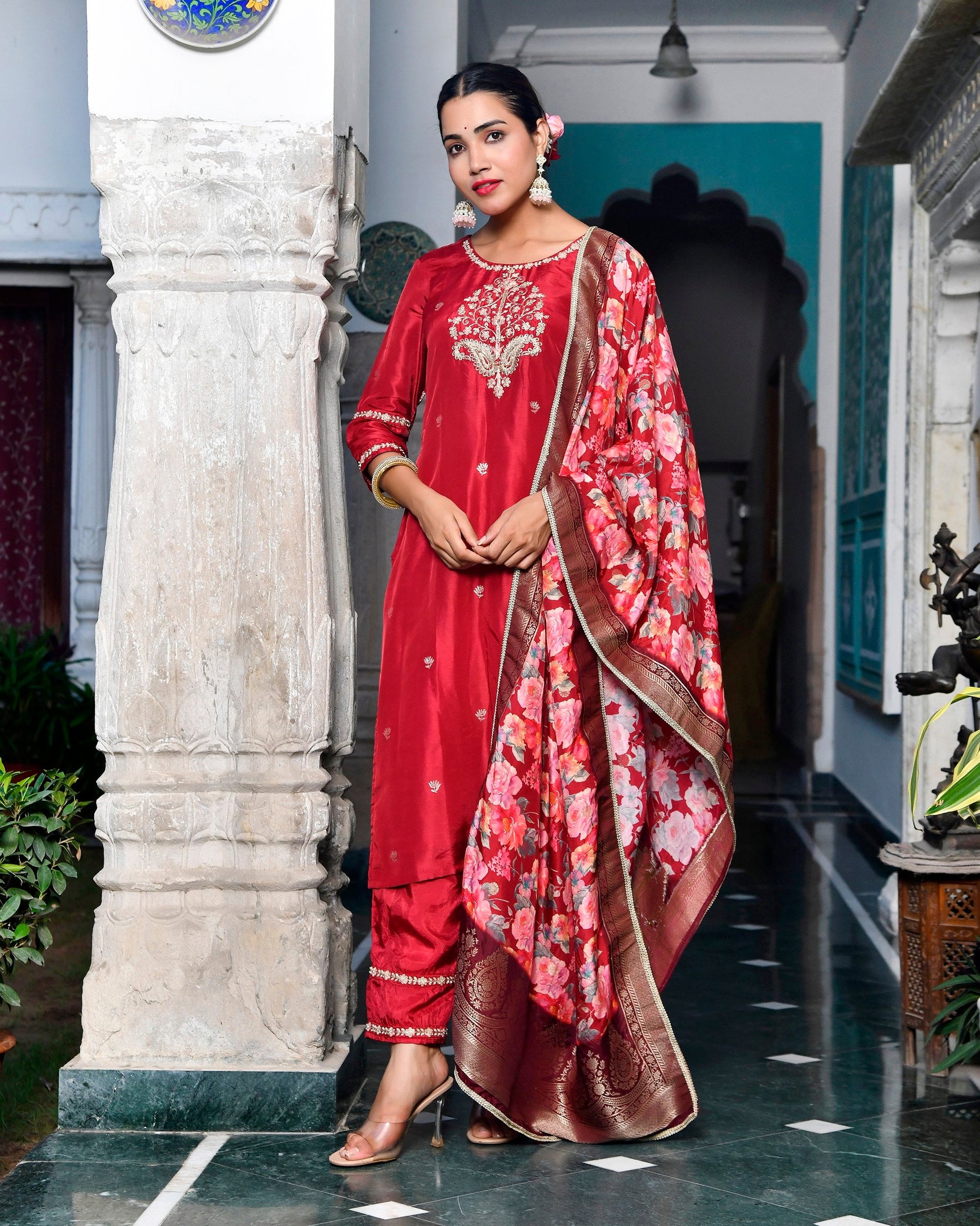 Women silk emboidered solid pant set & digital printed dupatta
