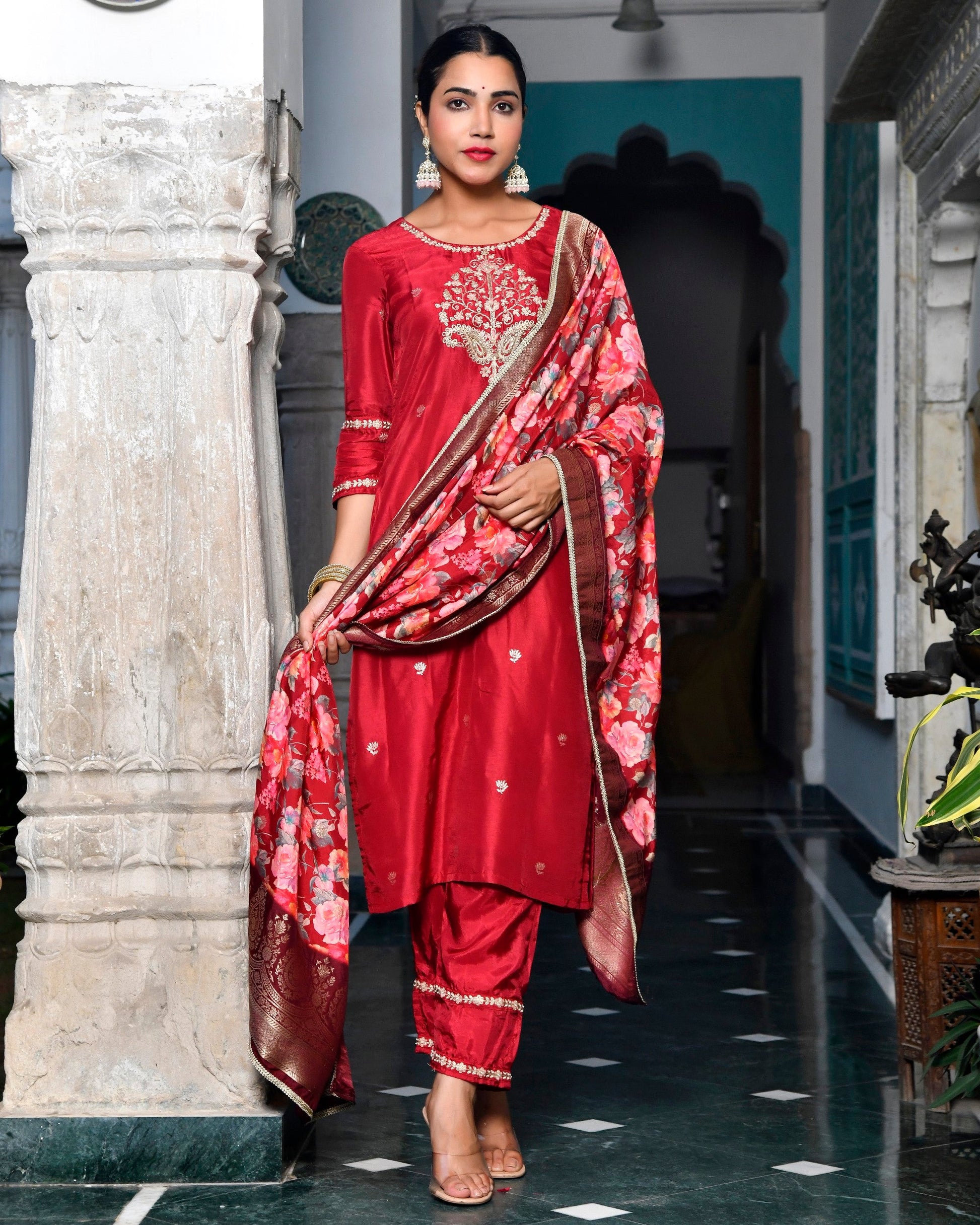 Women silk emboidered solid pant set & digital printed dupatta