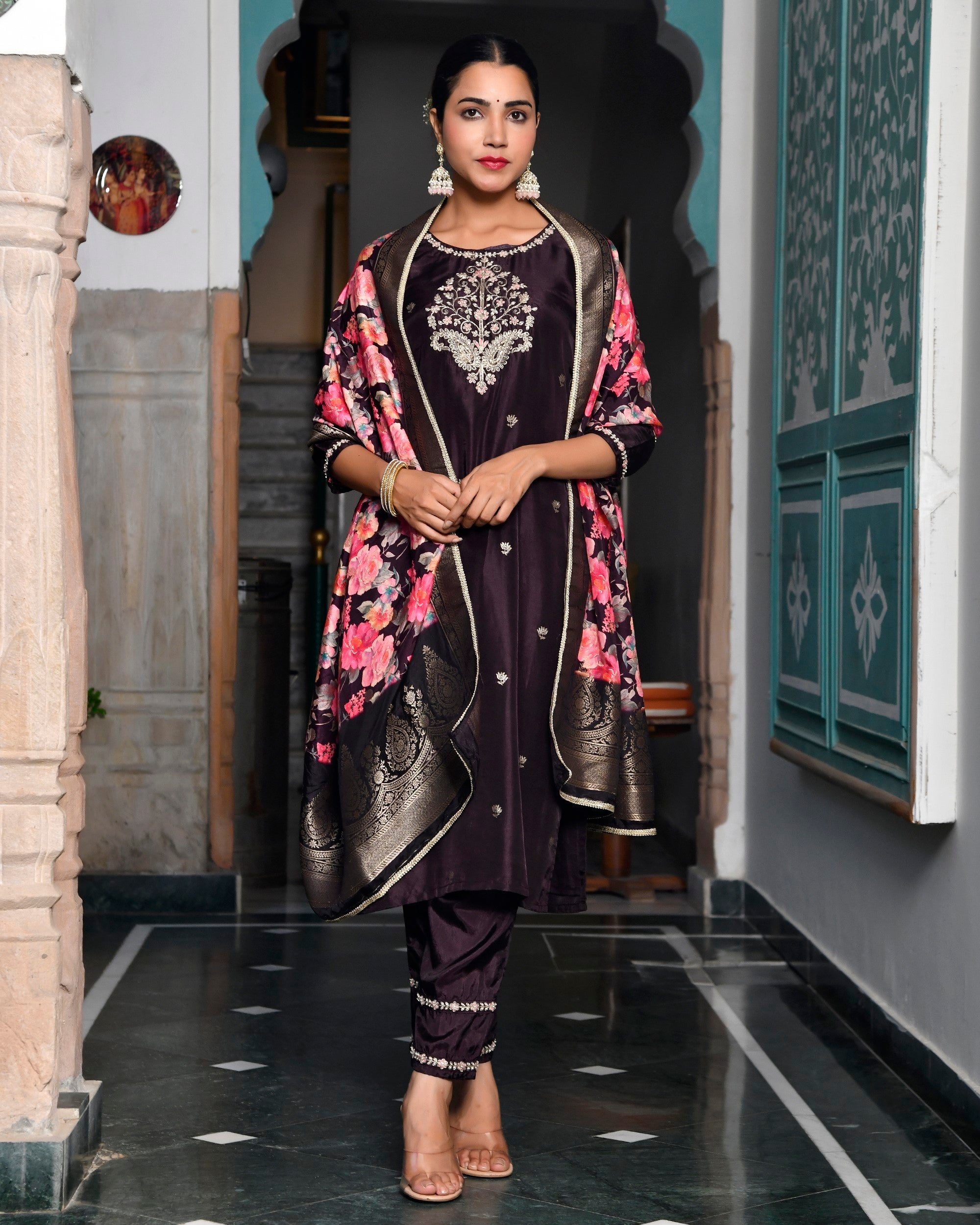Women silk emboidered solid pant set & digital printed dupatta