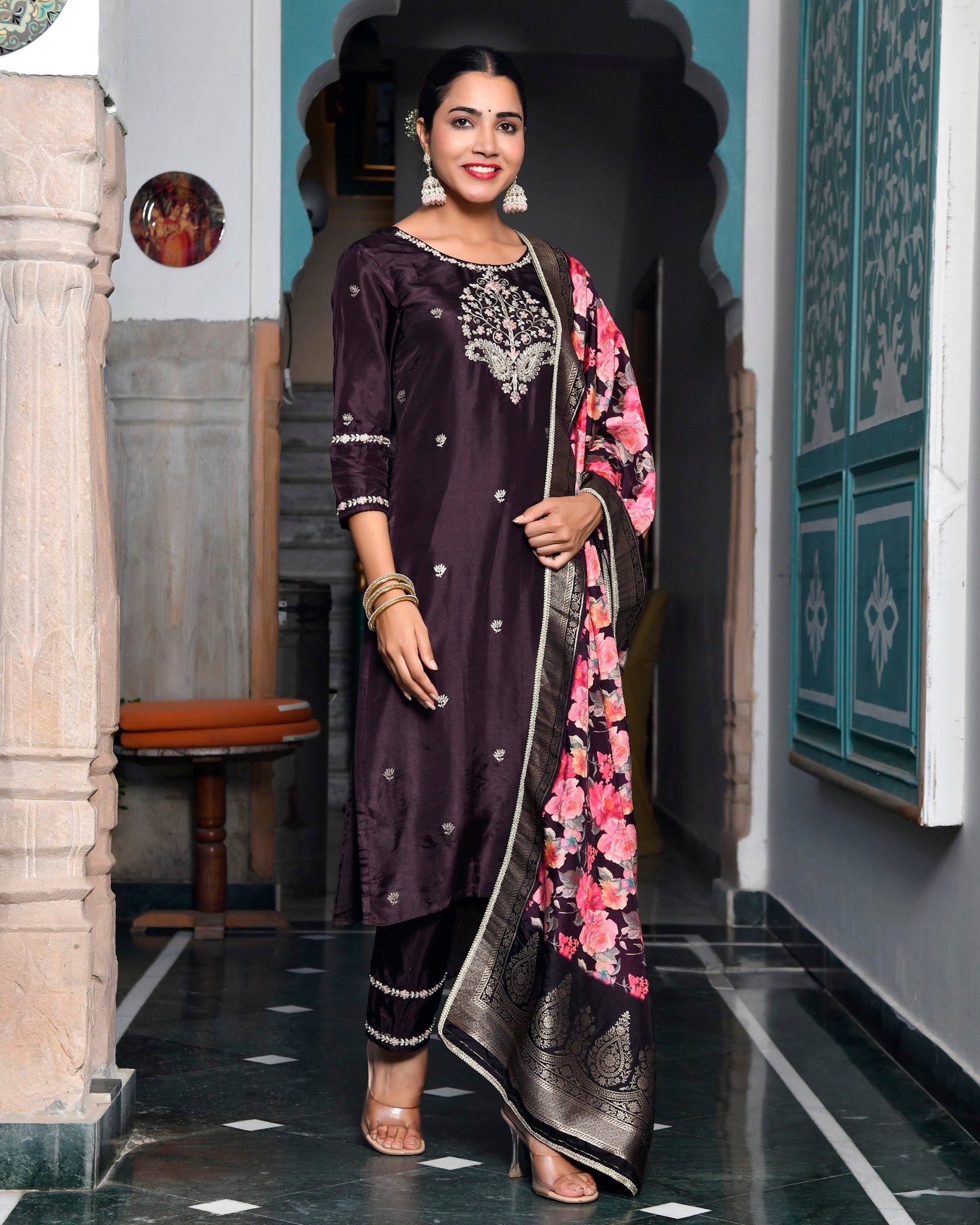 Women silk emboidered solid pant set & digital printed dupatta