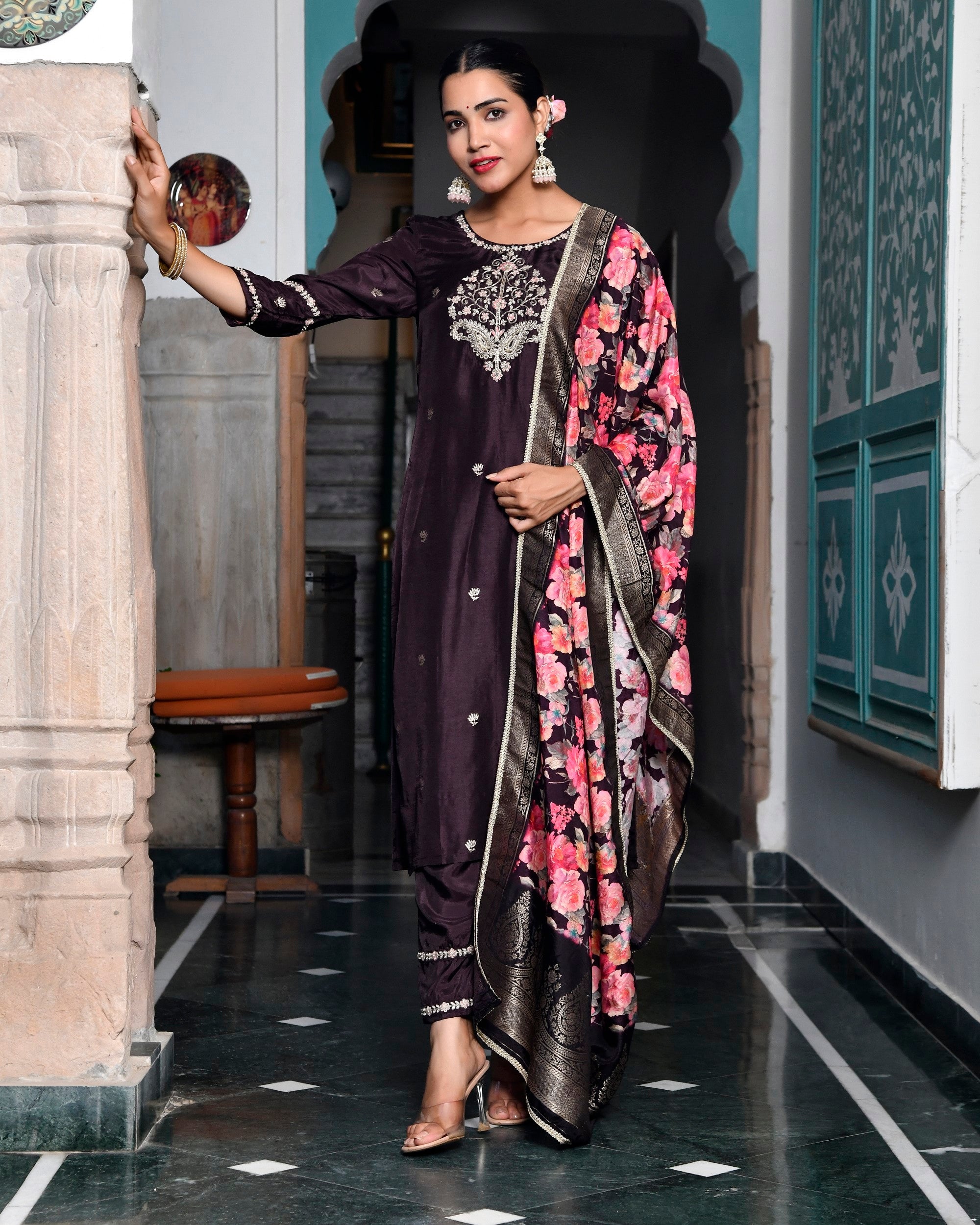 Women silk emboidered solid pant set & digital printed dupatta