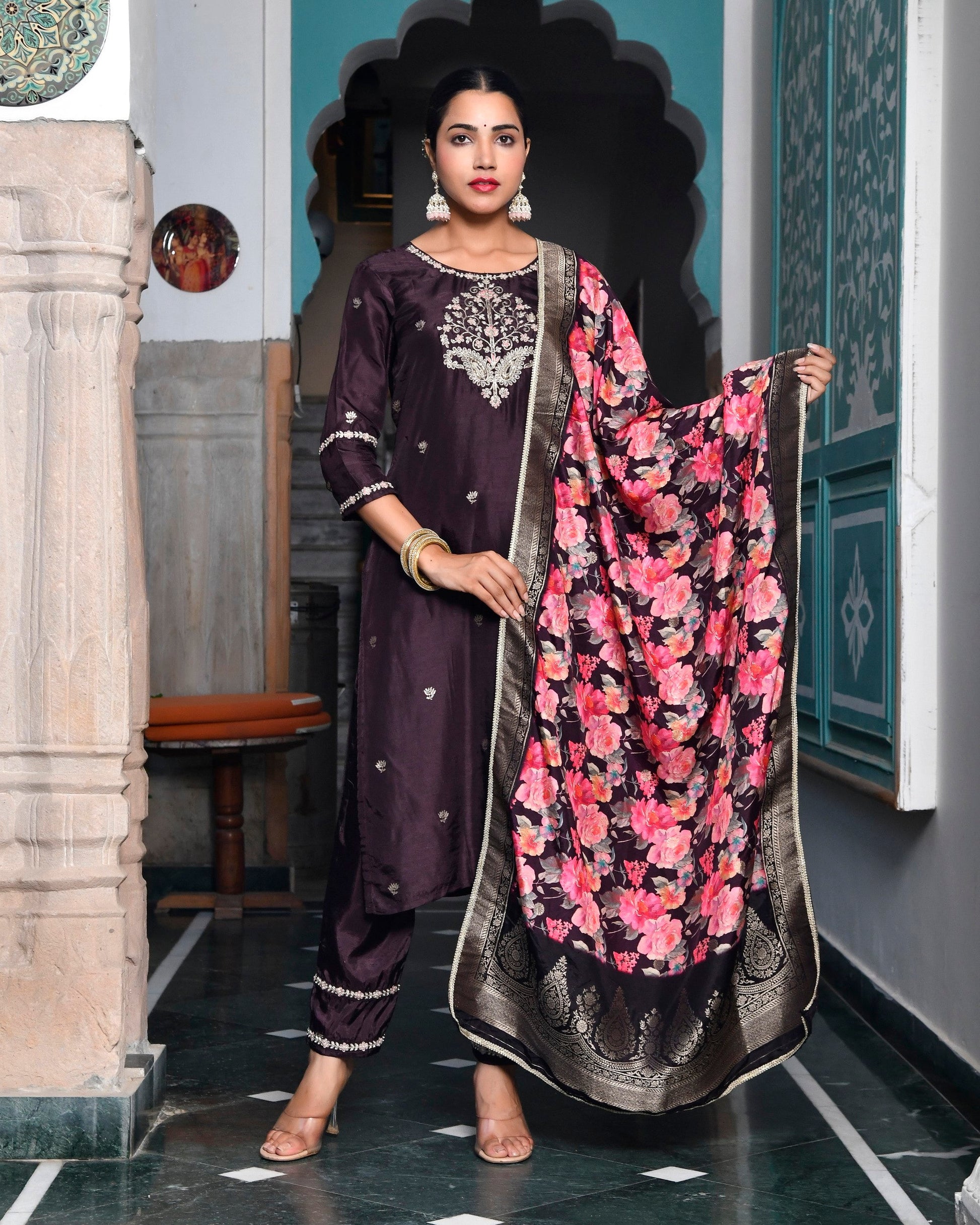 Women silk emboidered solid pant set & digital printed dupatta