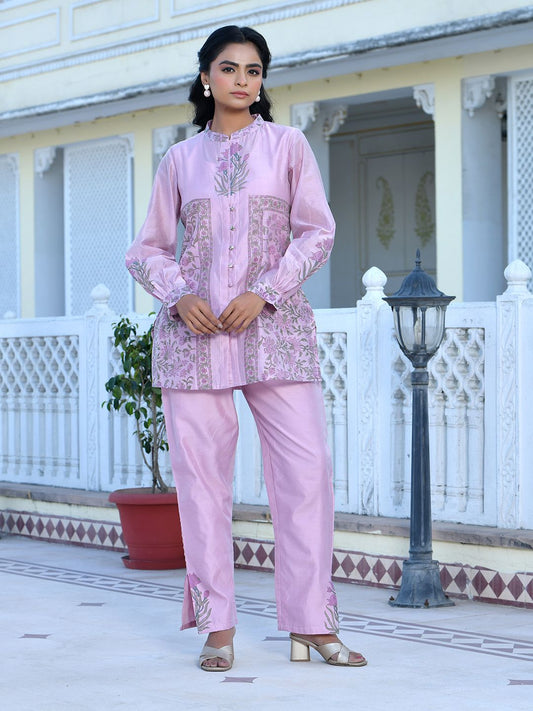 Women Soft Pink Chanderi Block Printed Cord Set