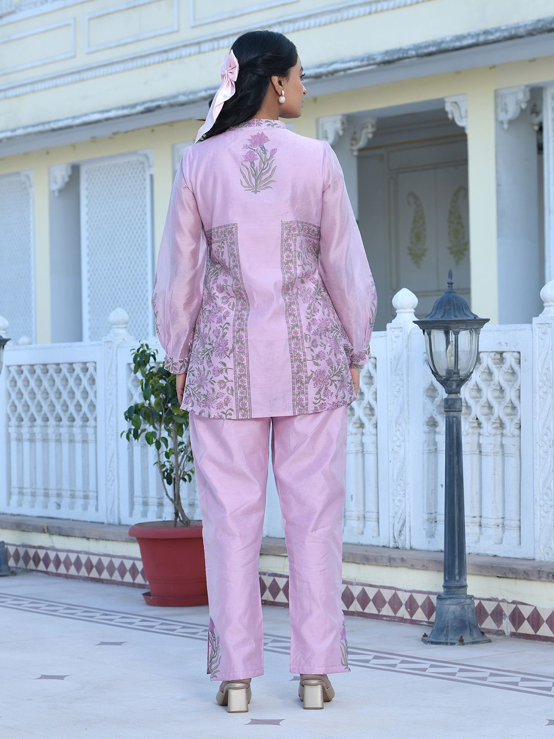 Women Soft Pink Chanderi Block Printed Cord Set