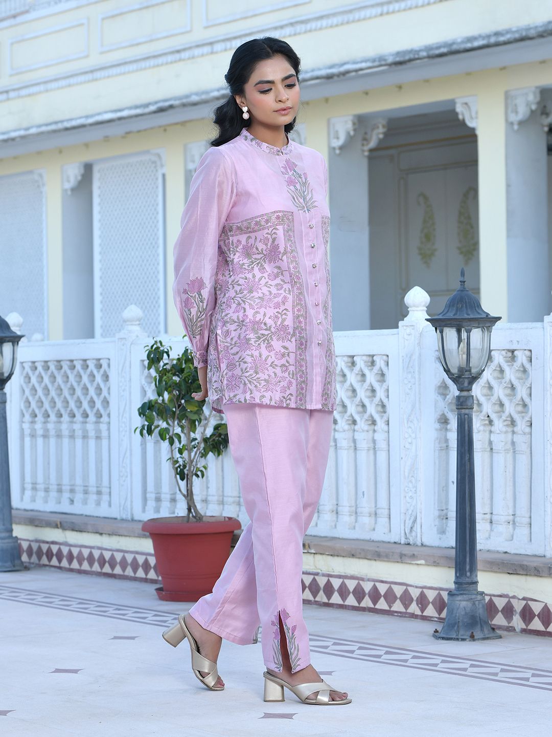 Women Soft Pink Chanderi Block Printed Cord Set