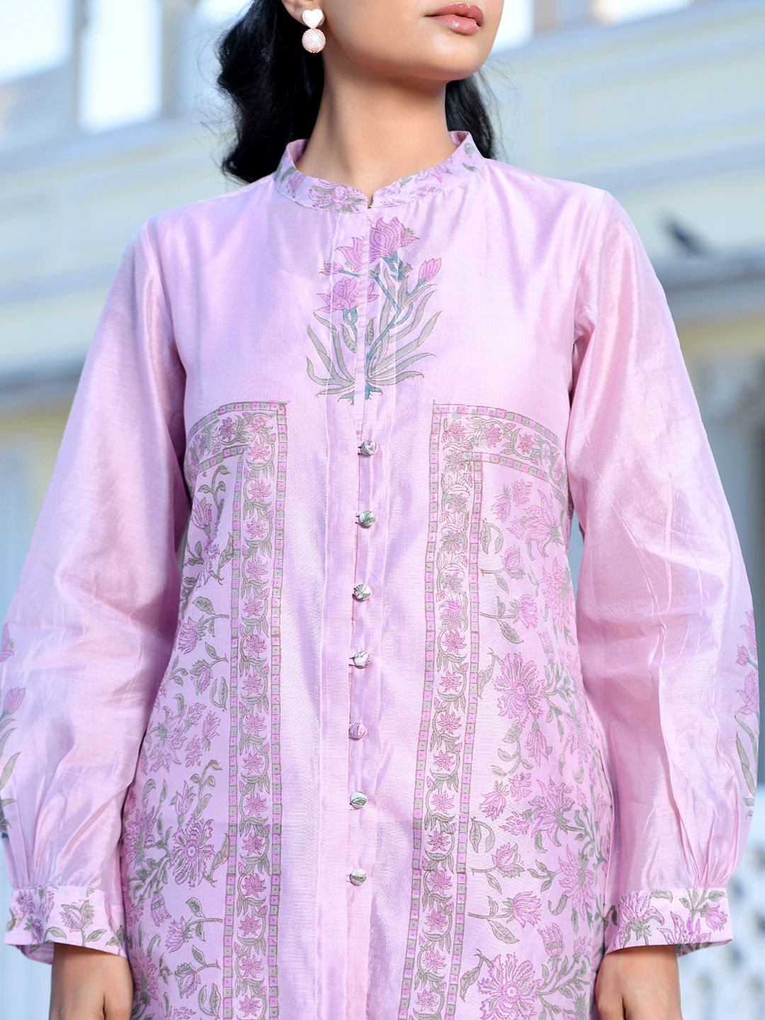 Women Soft Pink Chanderi Block Printed Cord Set