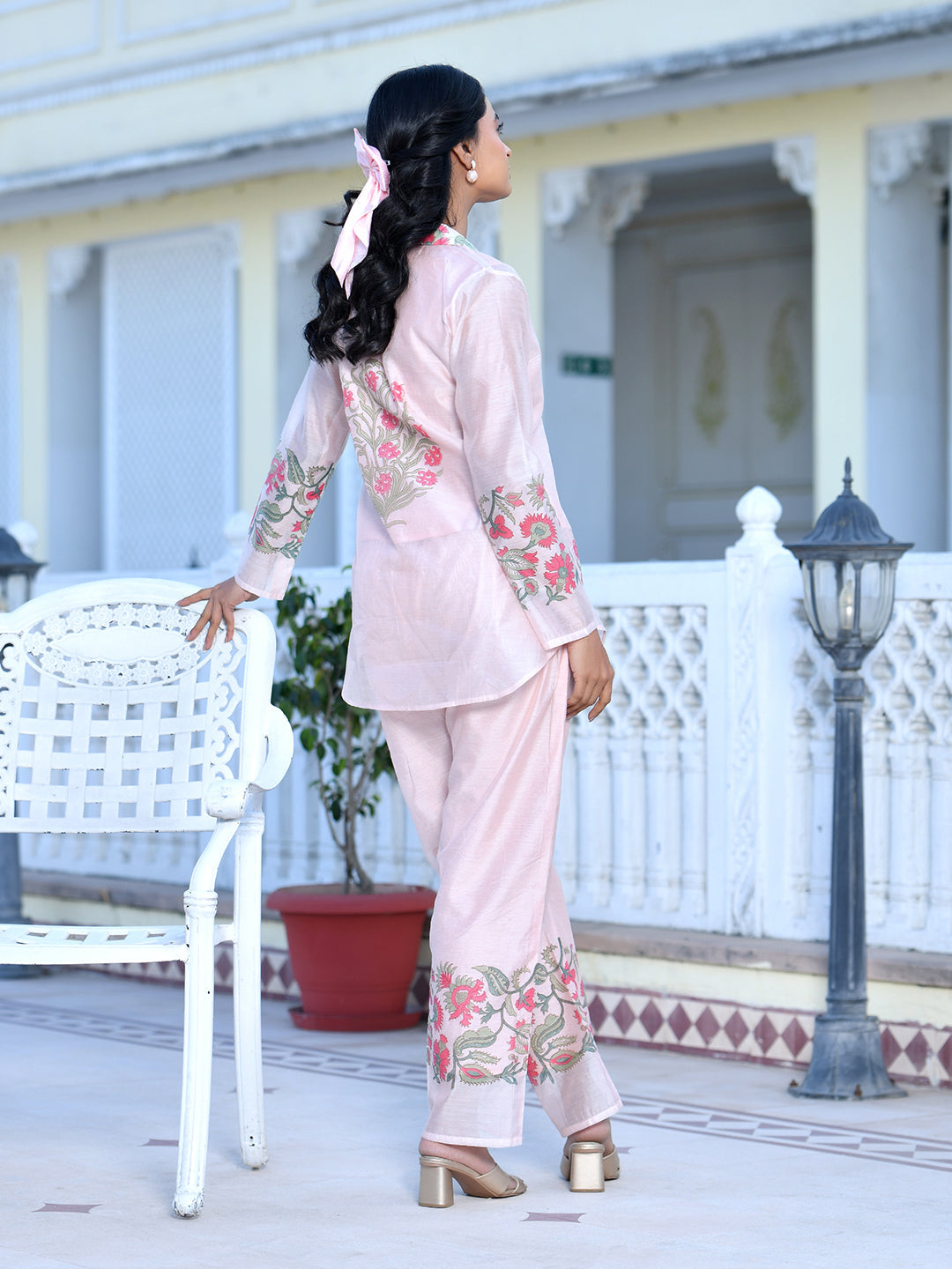 Women Pale Peach Chanderi Block Printed Cord Set