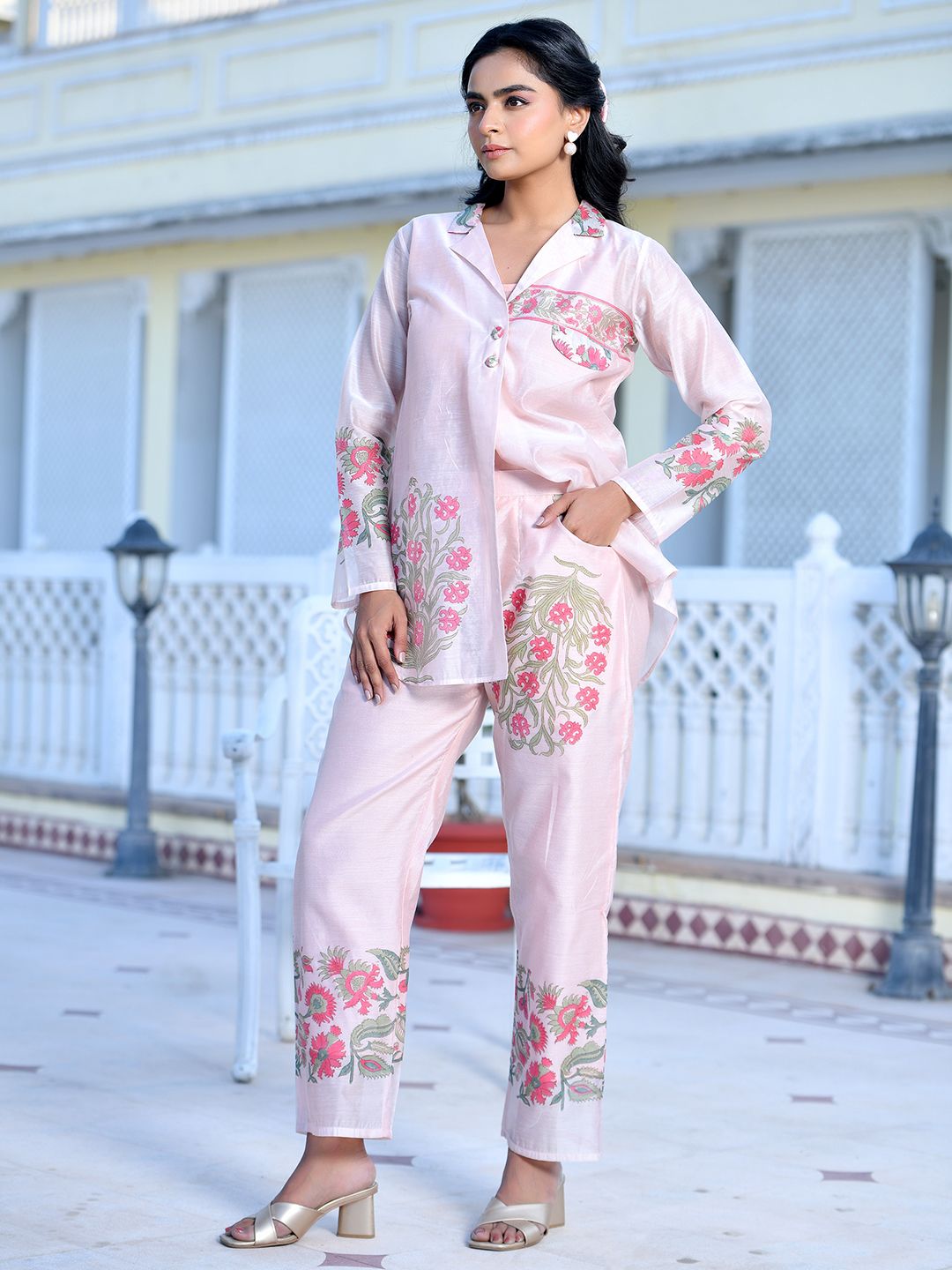 Women Pale Peach Chanderi Block Printed Cord Set