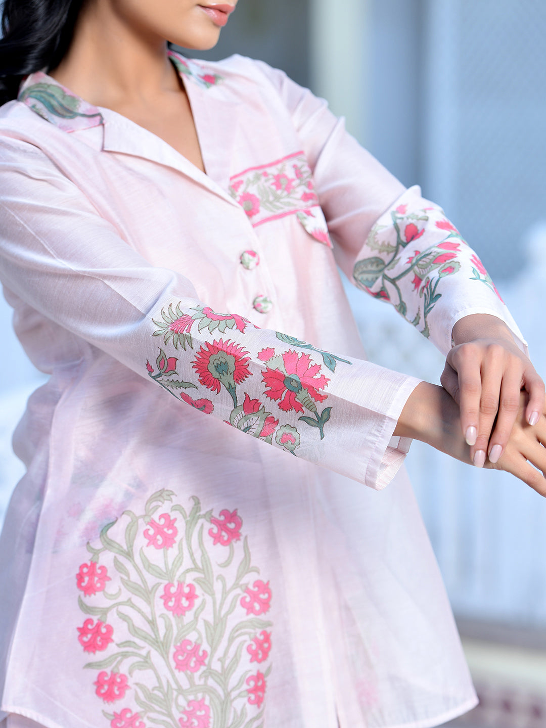 Women Pale Peach Chanderi Block Printed Cord Set