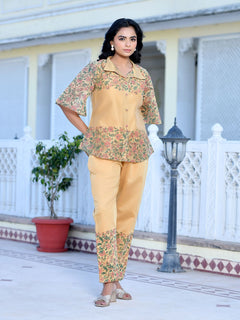 Women Cream Henna  Linen Digital Printed Co-ord Set