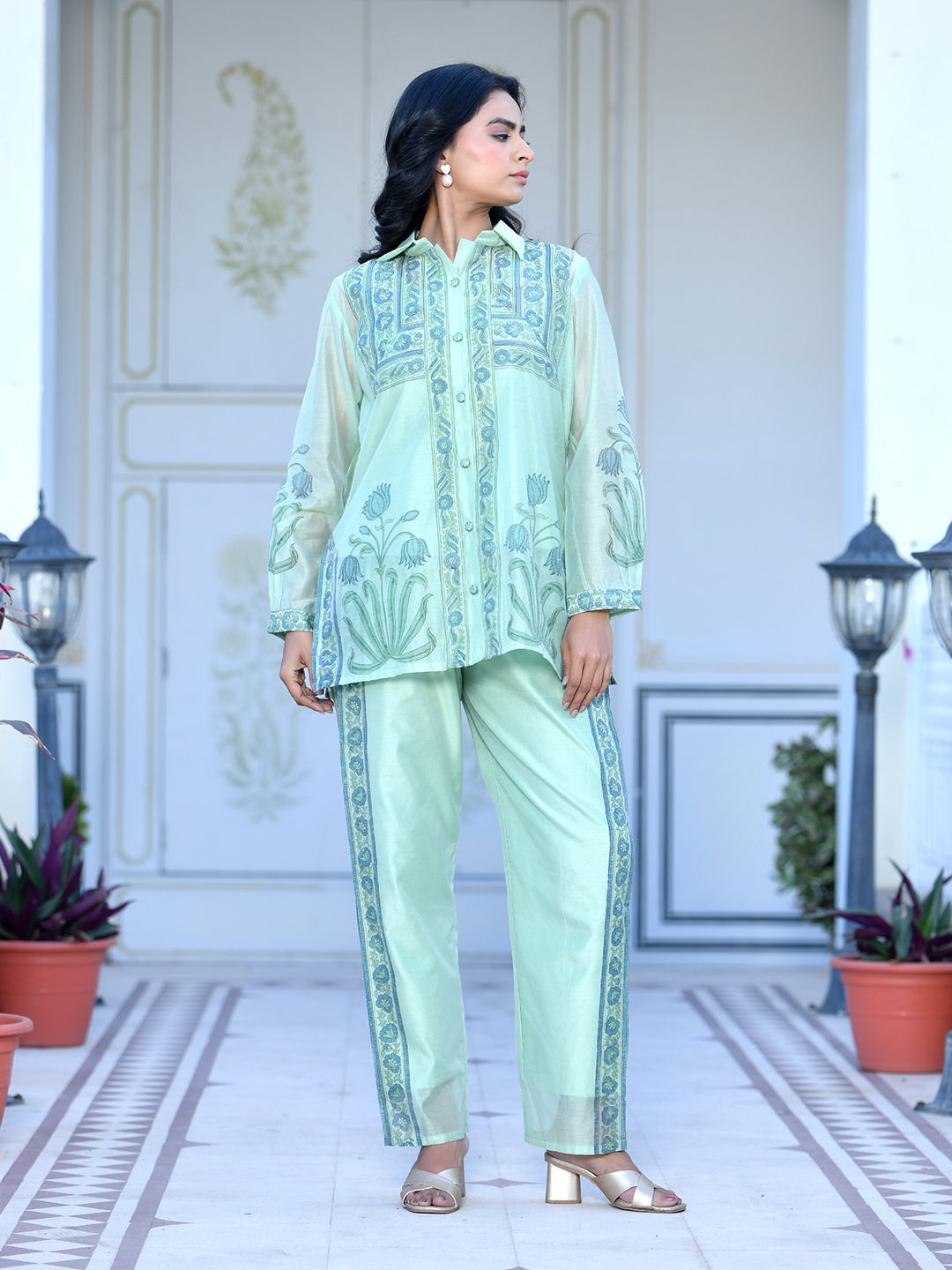 Women Marine Chanderi Block Printed Cord Set